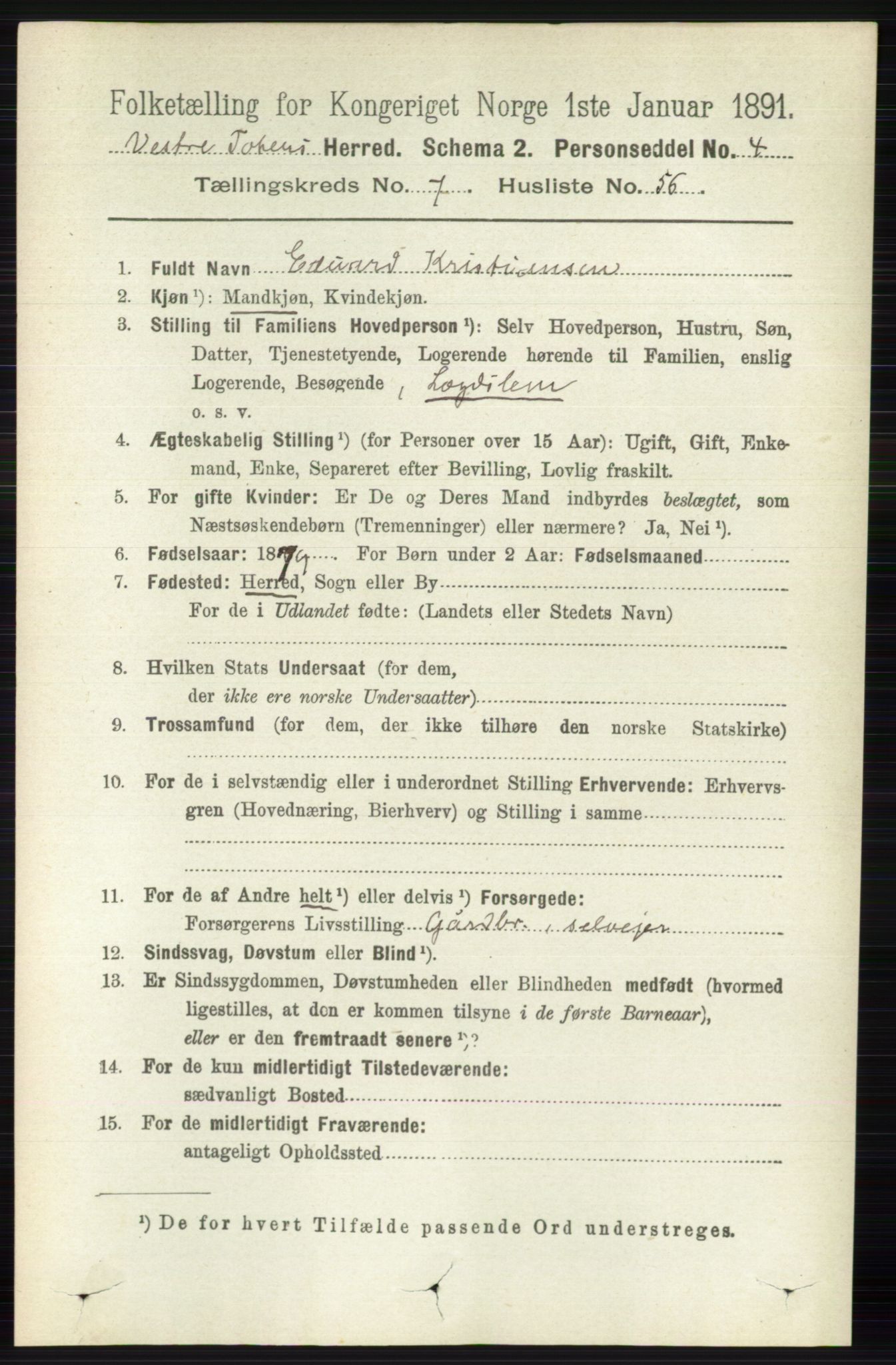 RA, 1891 census for 0529 Vestre Toten, 1891, p. 4674