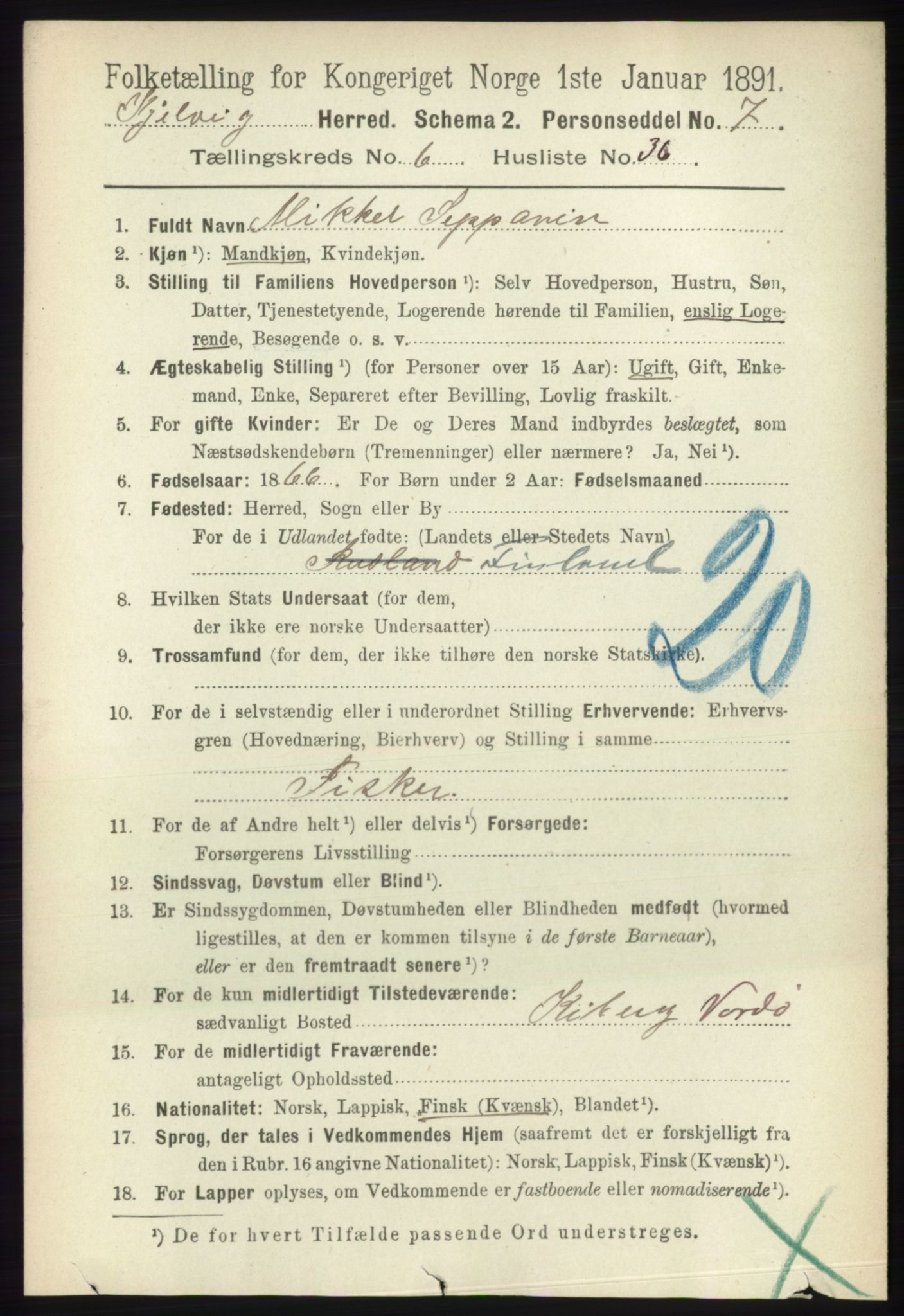 RA, 1891 census for 2019 Kjelvik, 1891, p. 837