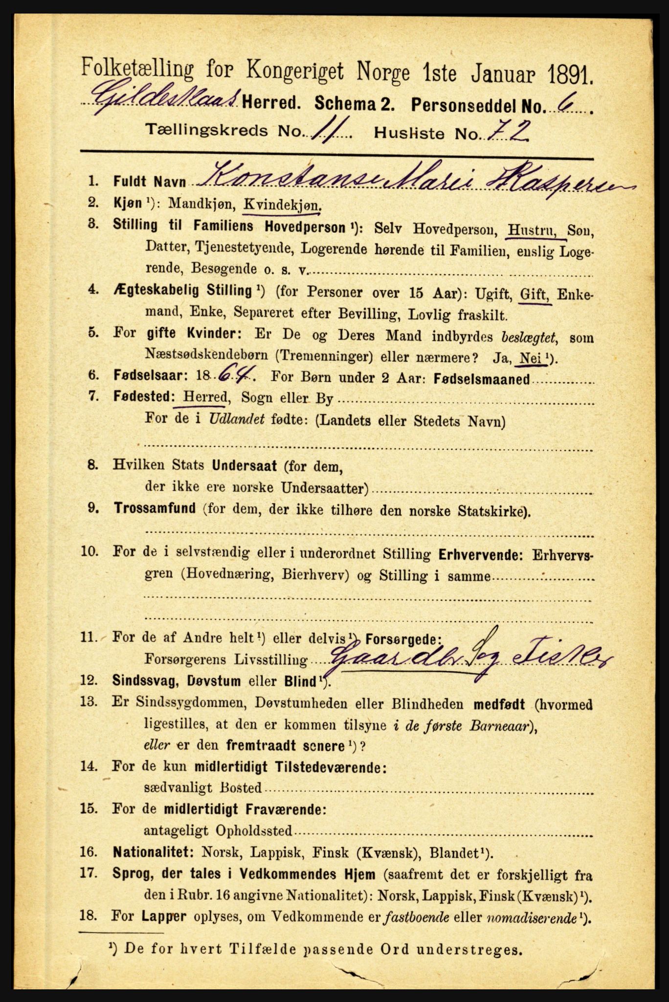 RA, 1891 census for 1838 Gildeskål, 1891, p. 3638