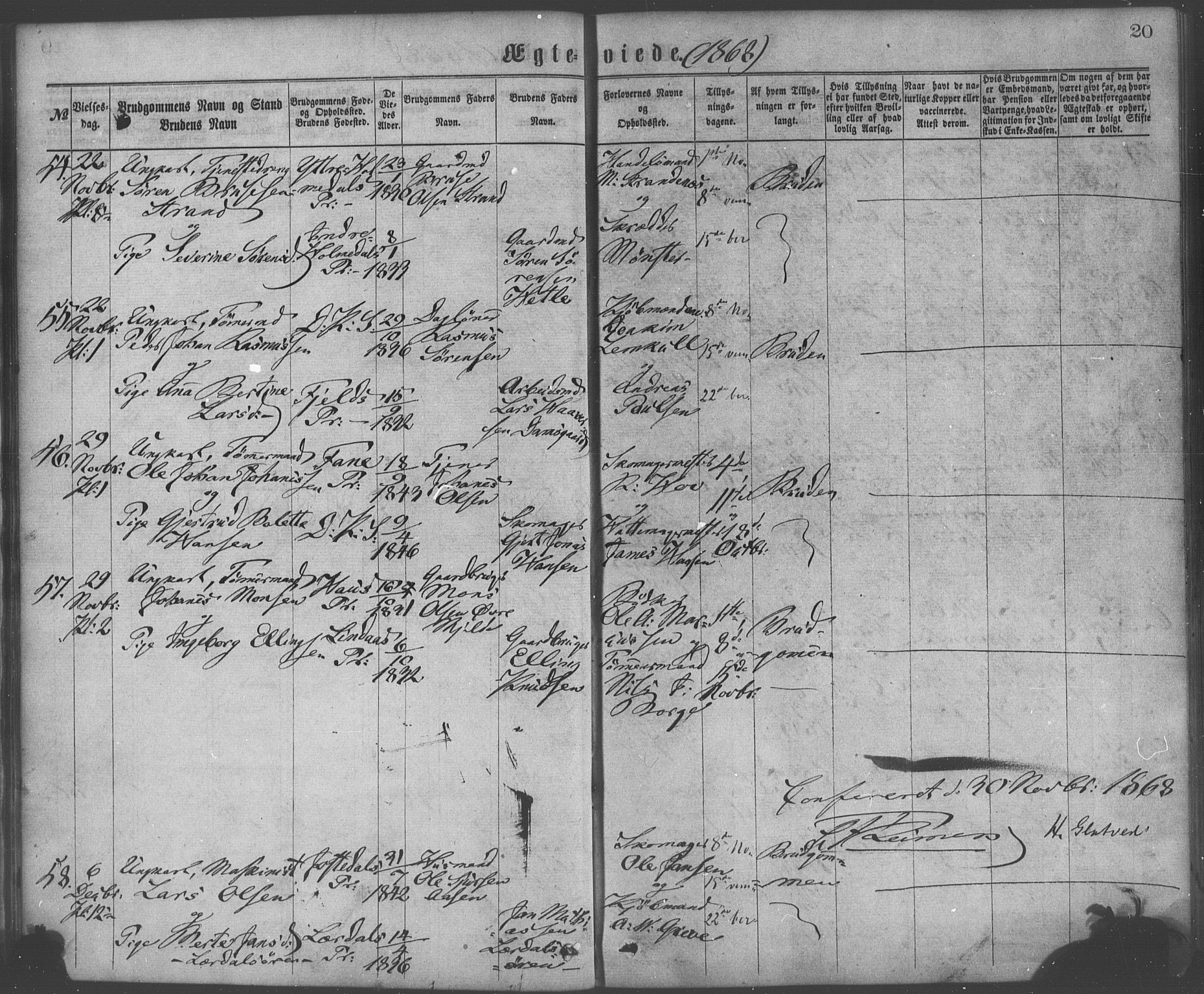 Korskirken sokneprestembete, AV/SAB-A-76101/H/Haa/L0036: Parish register (official) no. D 3, 1867-1882, p. 20