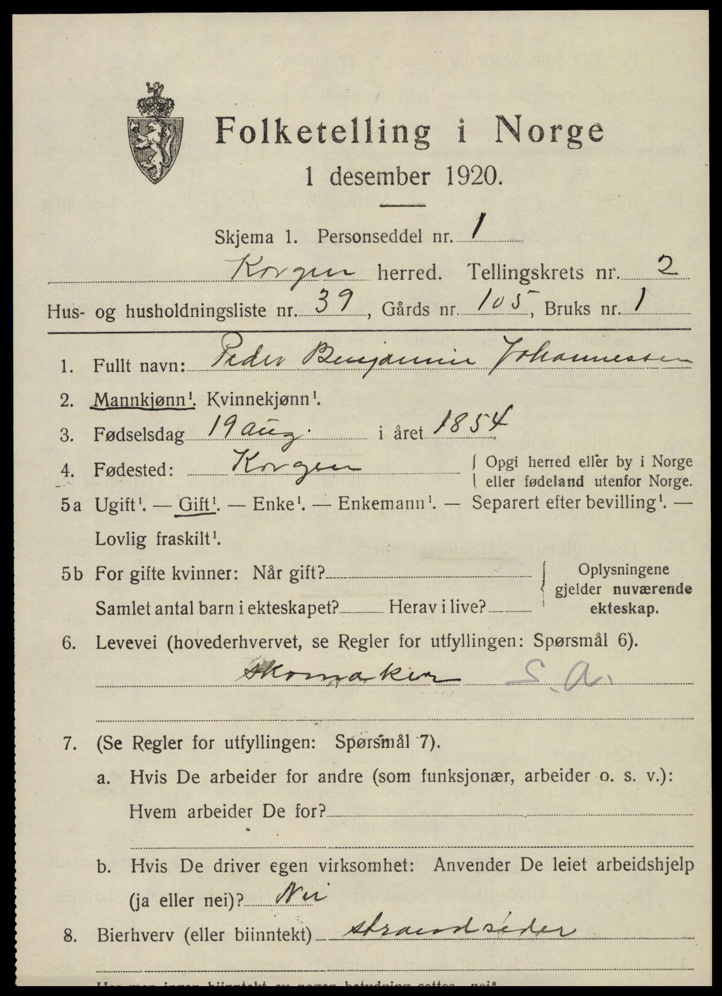 SAT, 1920 census for Korgen, 1920, p. 1356