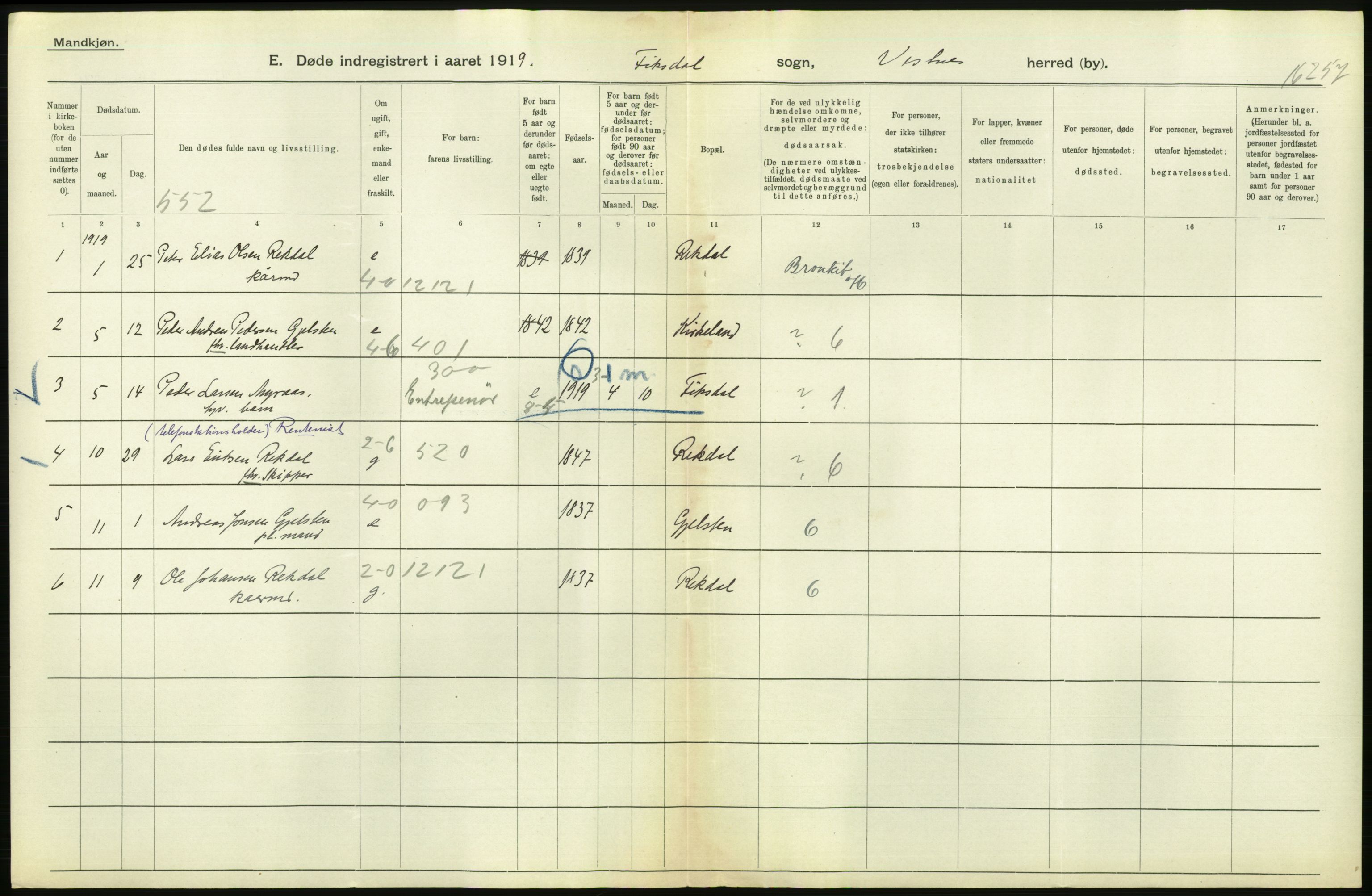 Statistisk sentralbyrå, Sosiodemografiske emner, Befolkning, AV/RA-S-2228/D/Df/Dfb/Dfbi/L0042: Møre fylke: Døde. Bygder og byer., 1919, p. 96