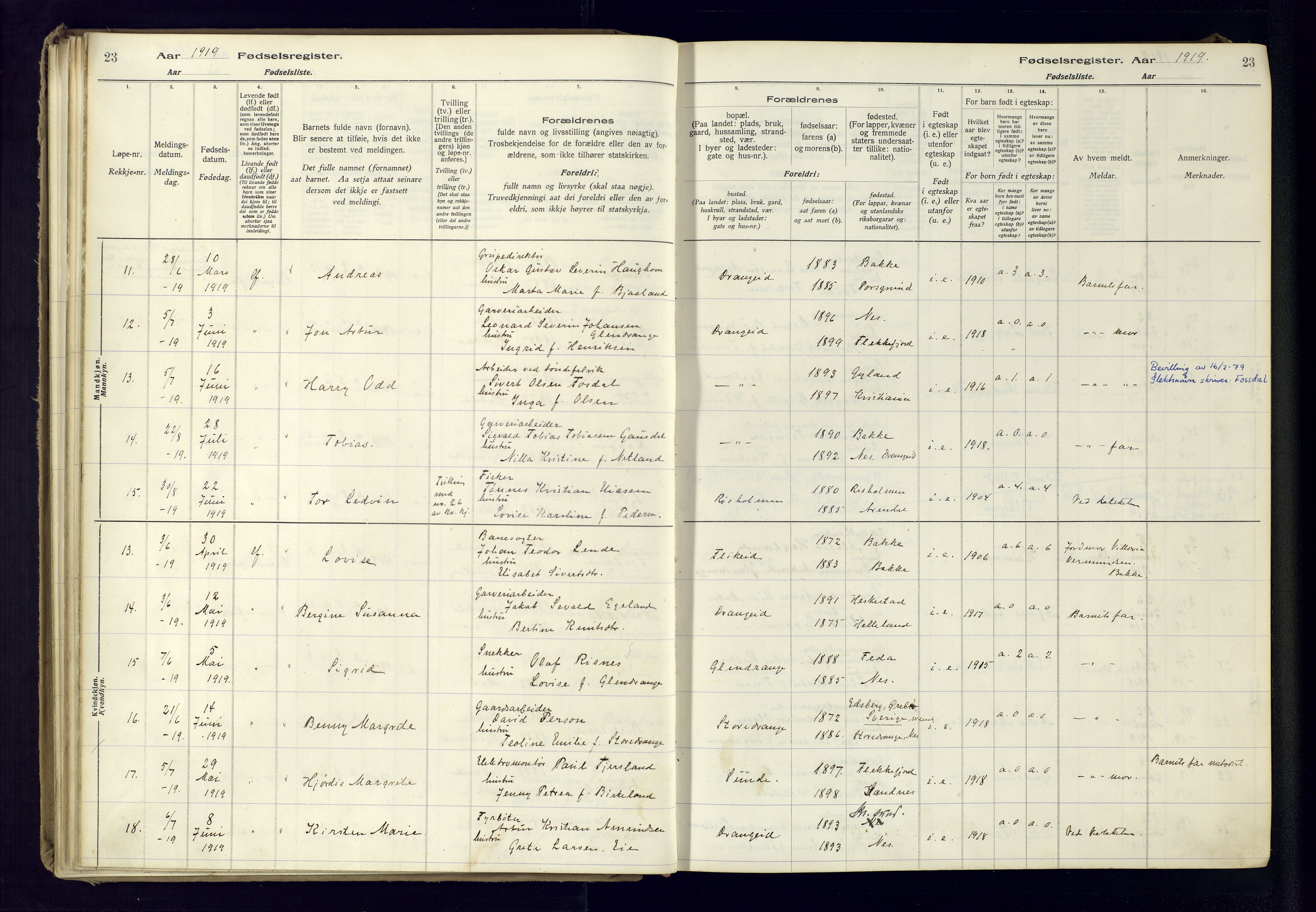 Flekkefjord sokneprestkontor, AV/SAK-1111-0012/J/Ja/L0005: Birth register no. 5, 1916-1950, p. 23
