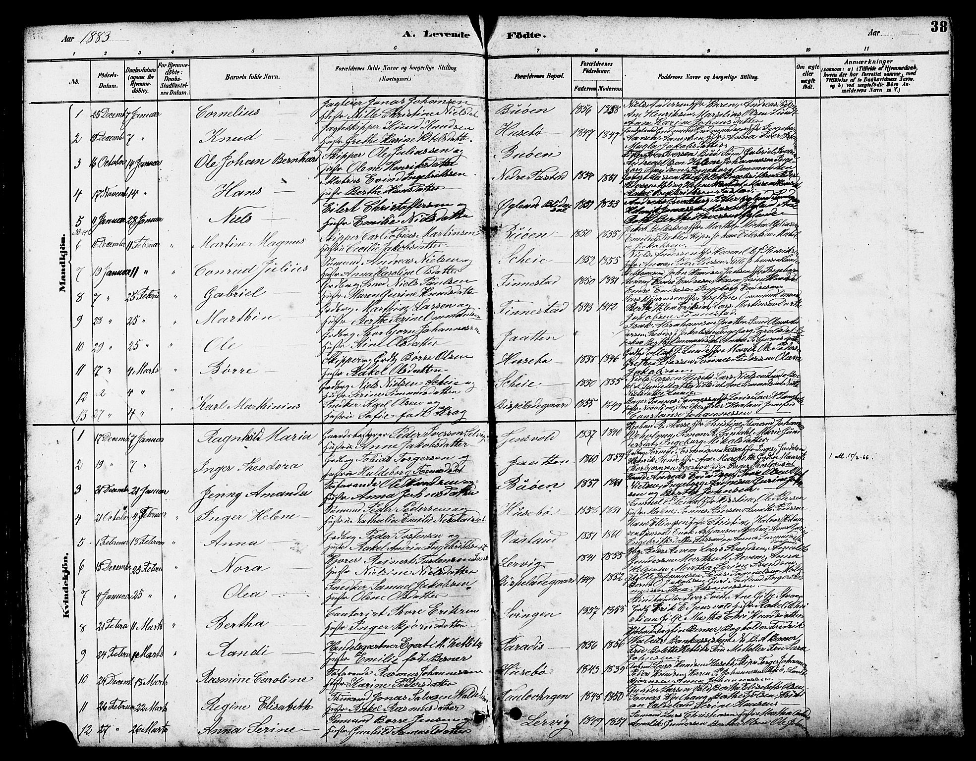 Hetland sokneprestkontor, SAST/A-101826/30/30BB/L0005: Parish register (copy) no. B 5, 1878-1910, p. 38
