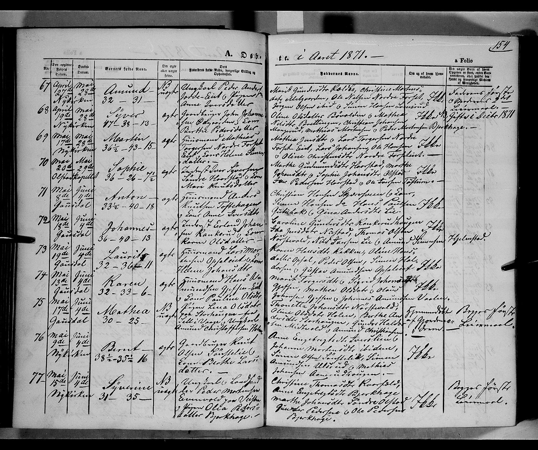 Gausdal prestekontor, AV/SAH-PREST-090/H/Ha/Haa/L0009: Parish register (official) no. 9, 1862-1873, p. 154