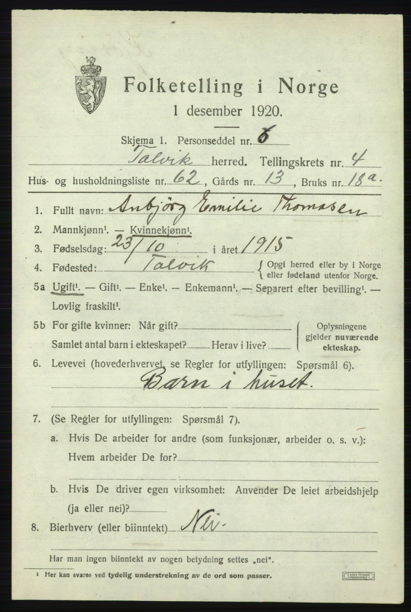 SATØ, 1920 census for Talvik, 1920, p. 3298
