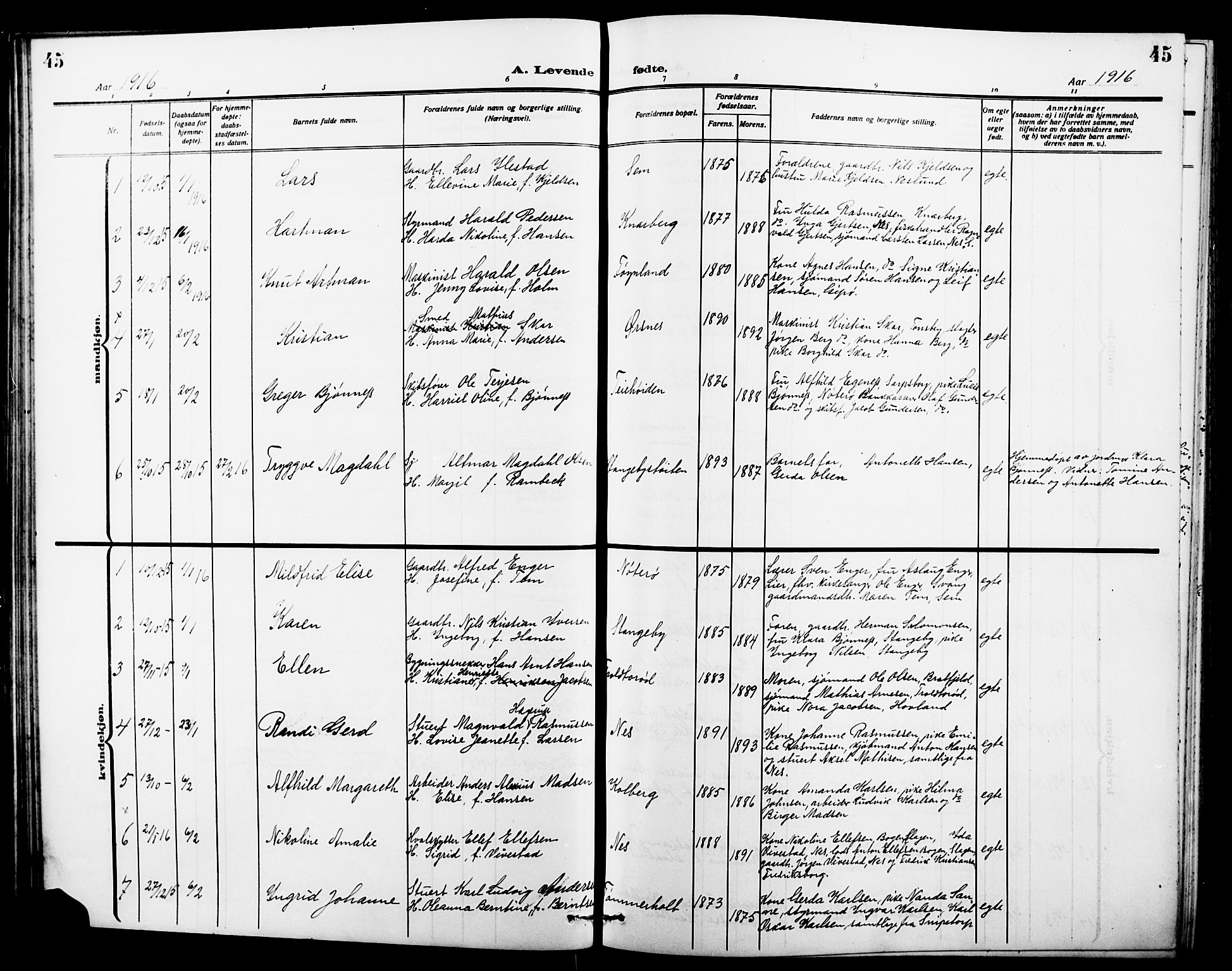 Nøtterøy kirkebøker, AV/SAKO-A-354/G/Ga/L0005: Parish register (copy) no. I 5, 1910-1924, p. 45