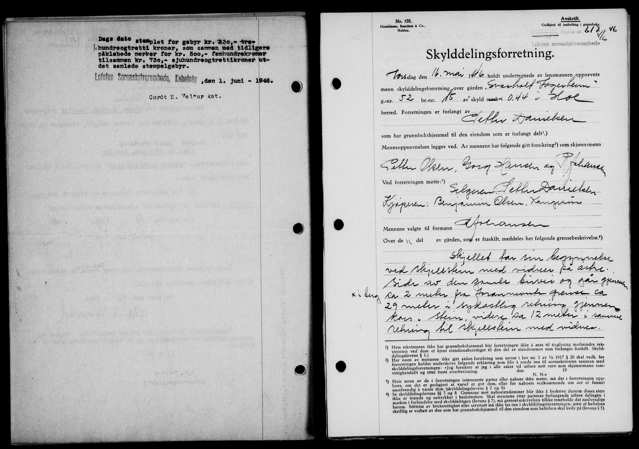 Lofoten sorenskriveri, SAT/A-0017/1/2/2C/L0014a: Mortgage book no. 14a, 1946-1946, Diary no: : 617/1946