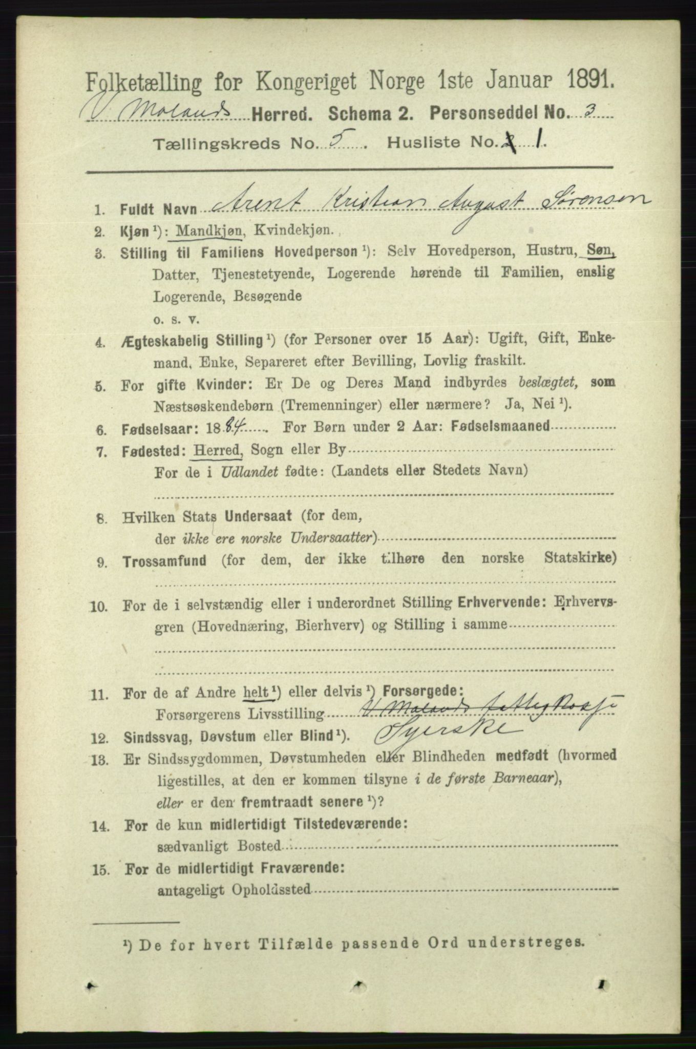 RA, 1891 census for 0926 Vestre Moland, 1891, p. 1845