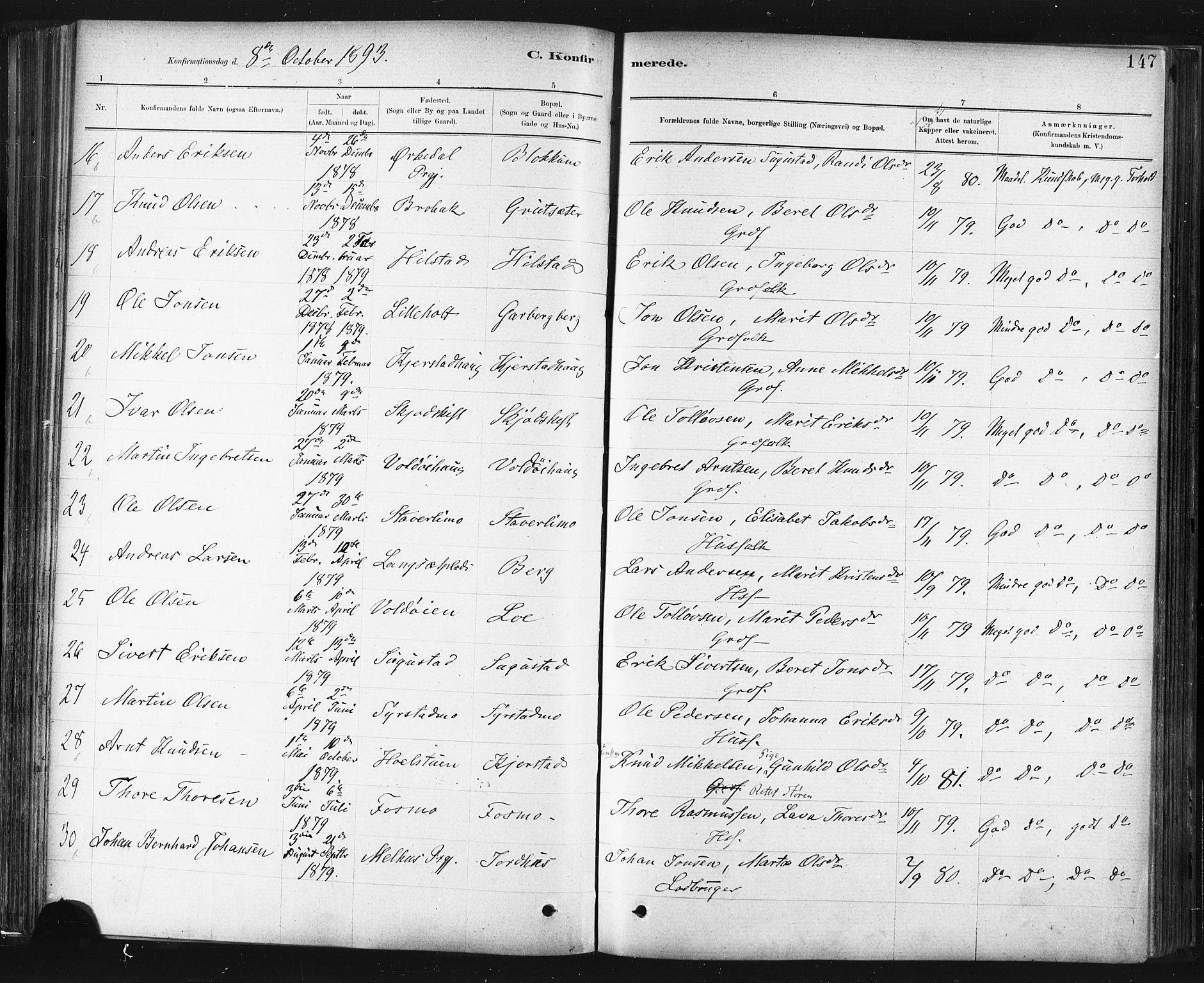 Ministerialprotokoller, klokkerbøker og fødselsregistre - Sør-Trøndelag, SAT/A-1456/672/L0857: Parish register (official) no. 672A09, 1882-1893, p. 147