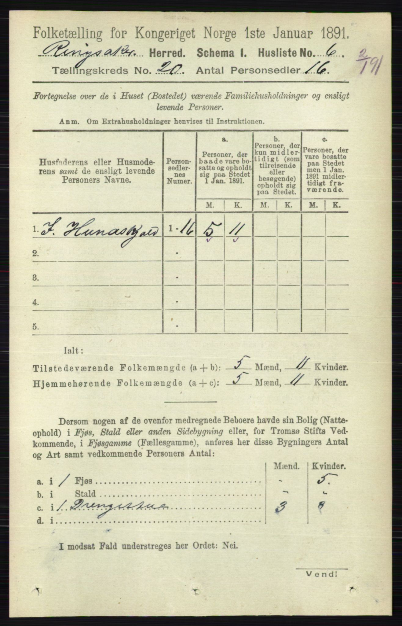 RA, 1891 census for 0412 Ringsaker, 1891, p. 11020