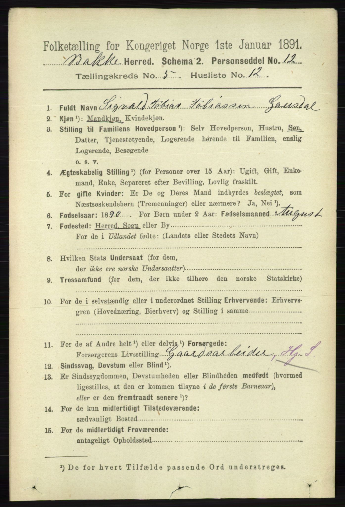 RA, 1891 census for 1045 Bakke, 1891, p. 1137