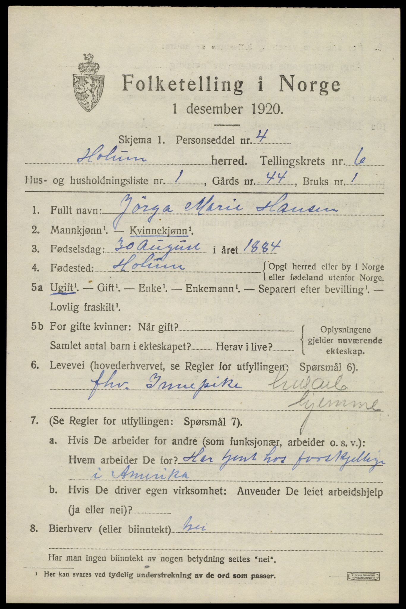 SAK, 1920 census for Holum, 1920, p. 2293