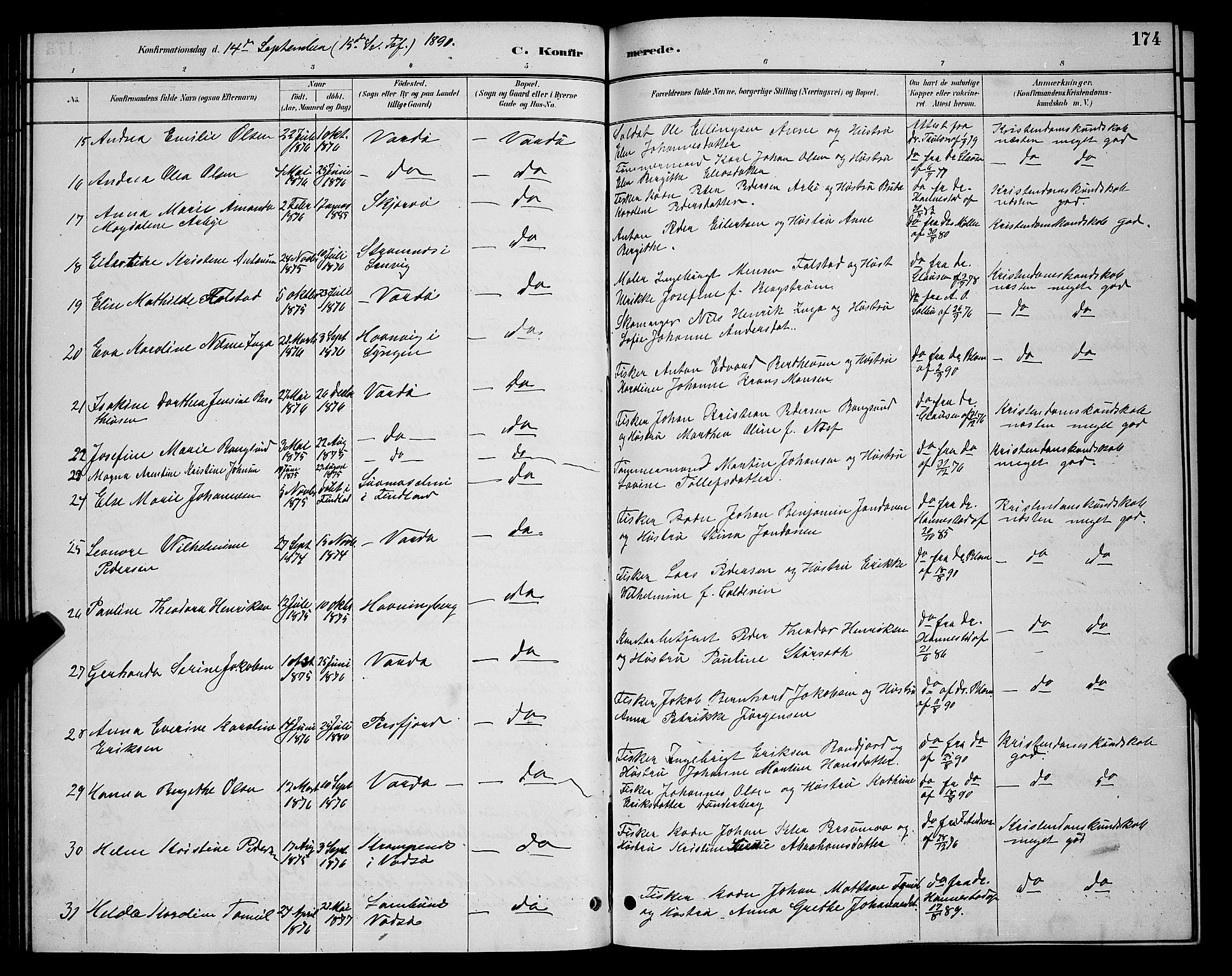 Vardø sokneprestkontor, AV/SATØ-S-1332/H/Hb/L0005klokker: Parish register (copy) no. 5, 1887-1892, p. 174