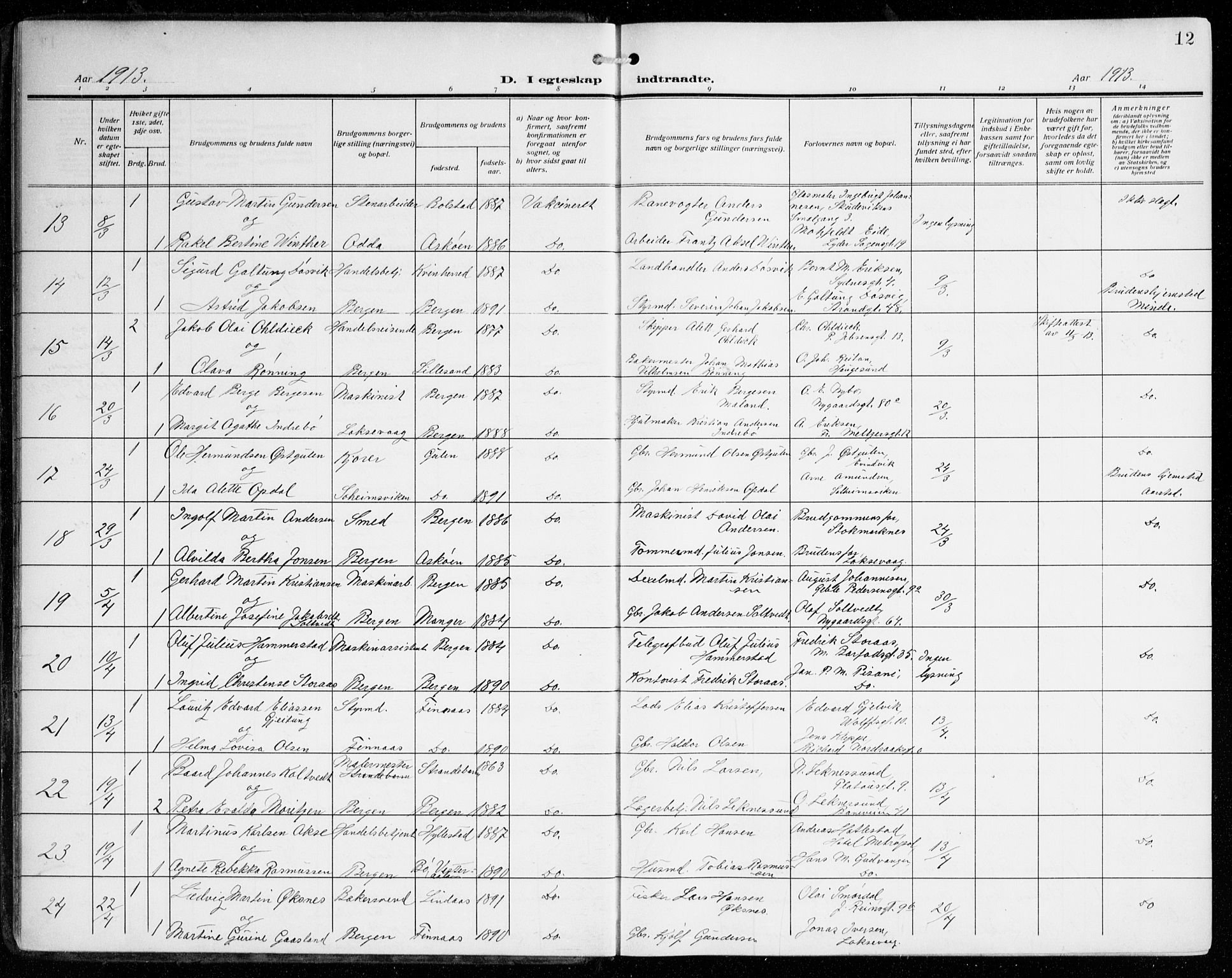 Johanneskirken sokneprestembete, AV/SAB-A-76001/H/Haa/L0013: Parish register (official) no. D 2, 1912-1929, p. 12