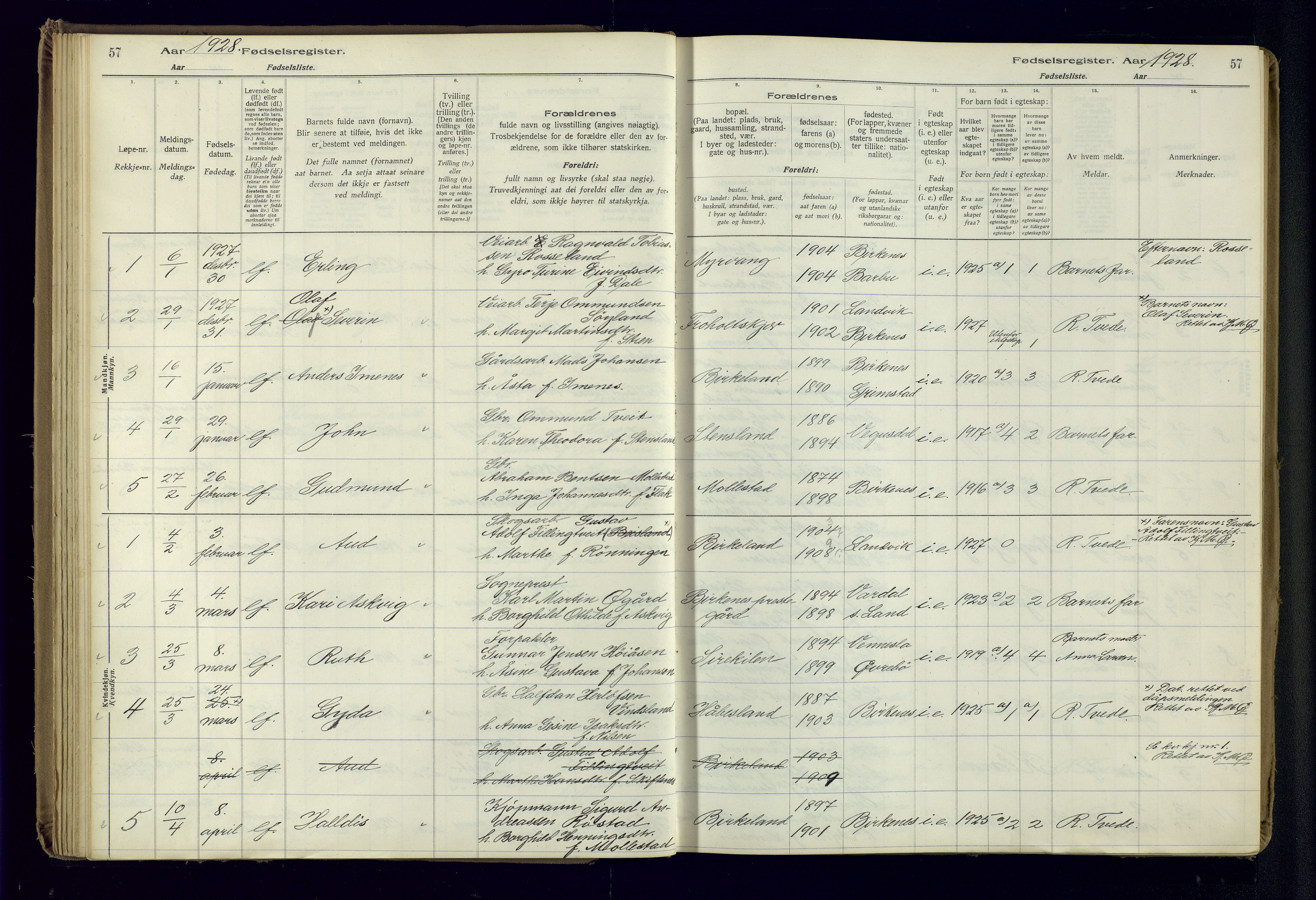 Birkenes sokneprestkontor, SAK/1111-0004/J/Ja/L0001: Birth register no. II.6.4, 1916-1962, p. 57