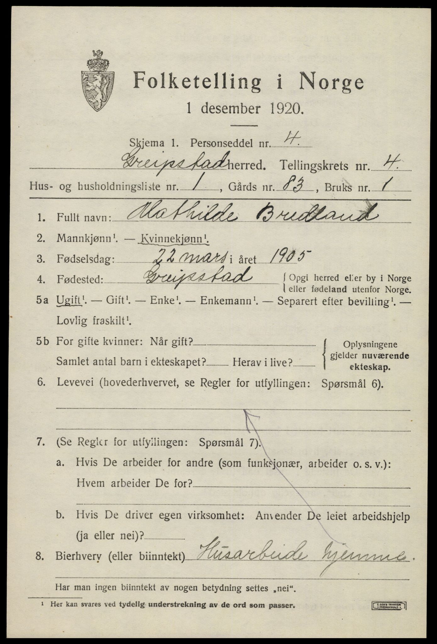 SAK, 1920 census for Greipstad, 1920, p. 1504