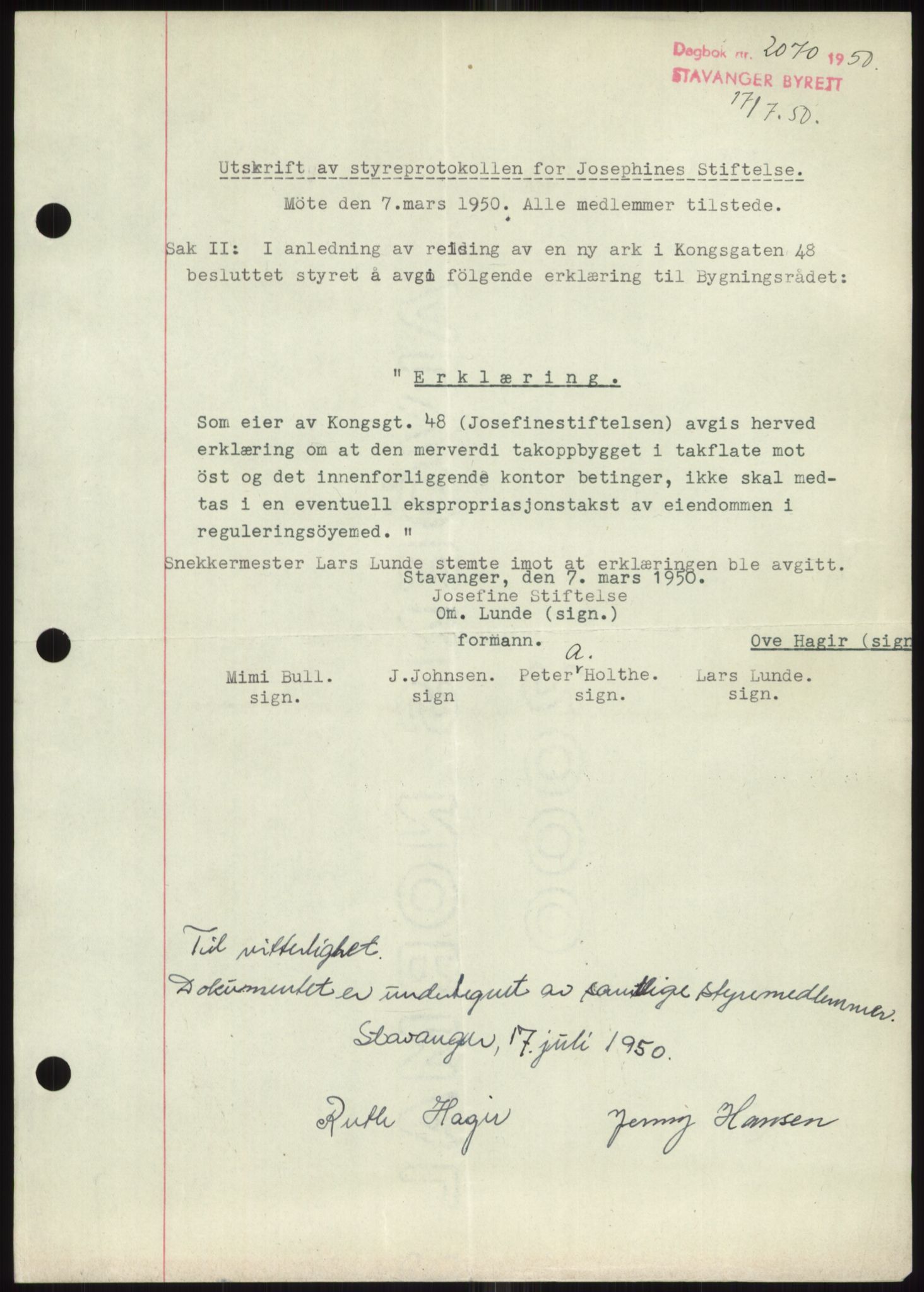 Stavanger byrett, SAST/A-100455/002/G/Gb/L0032: Mortgage book, 1947-1950, Diary no: : 2070/1950