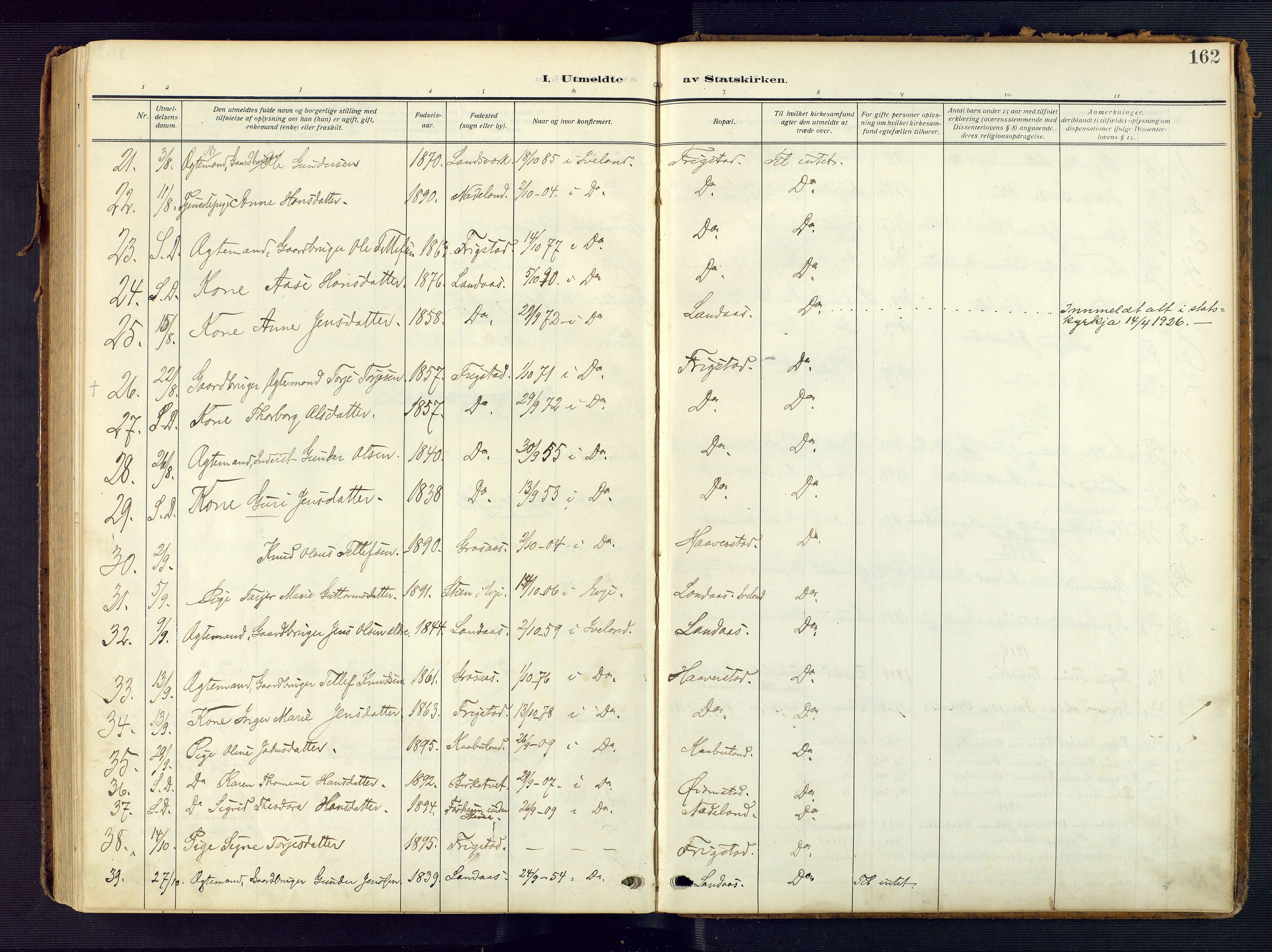 Evje sokneprestkontor, AV/SAK-1111-0008/F/Fa/Fac/L0004: Parish register (official) no. A 4, 1910-1932, p. 162