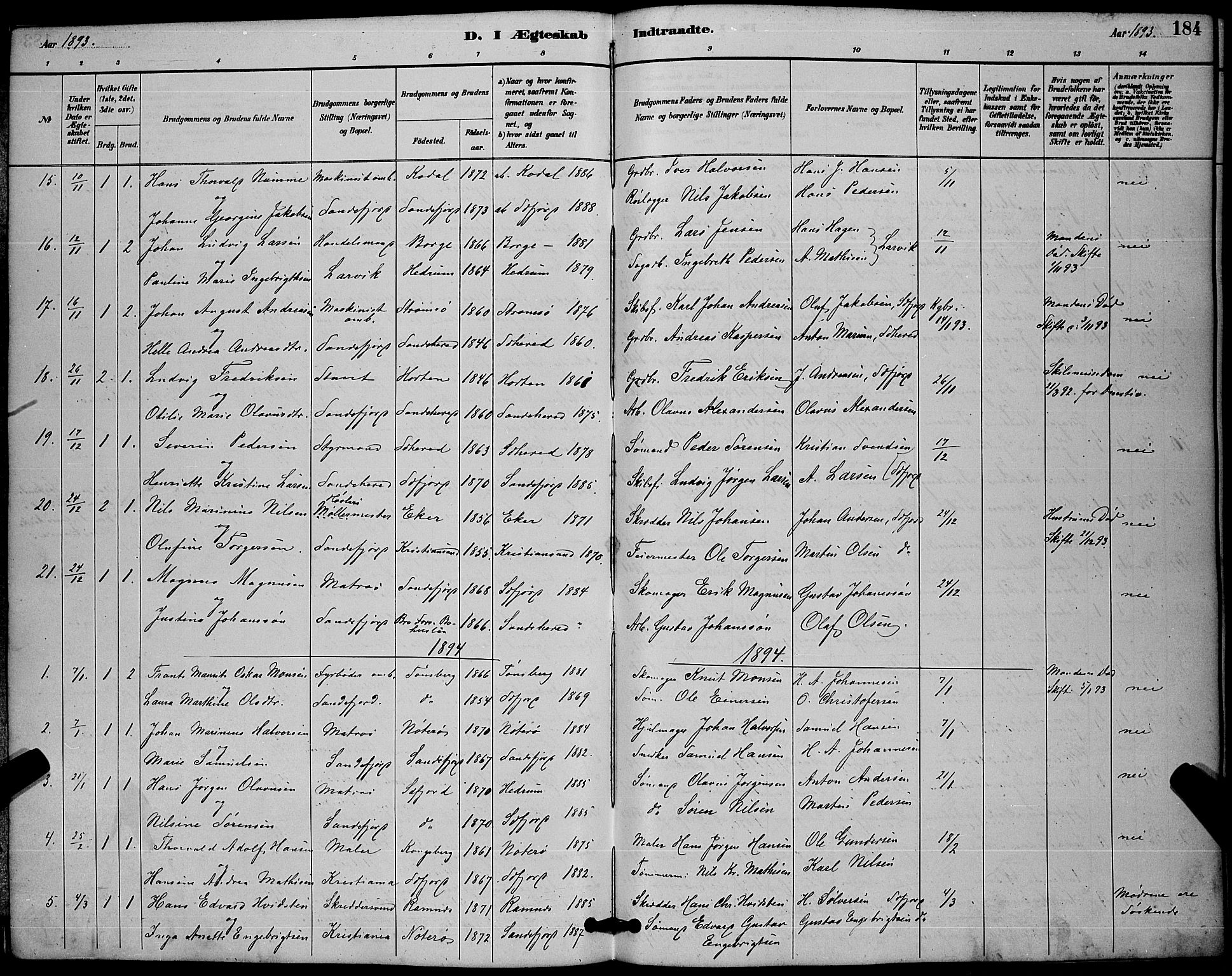 Sandefjord kirkebøker, SAKO/A-315/G/Ga/L0001: Parish register (copy) no. 1, 1885-1903, p. 184