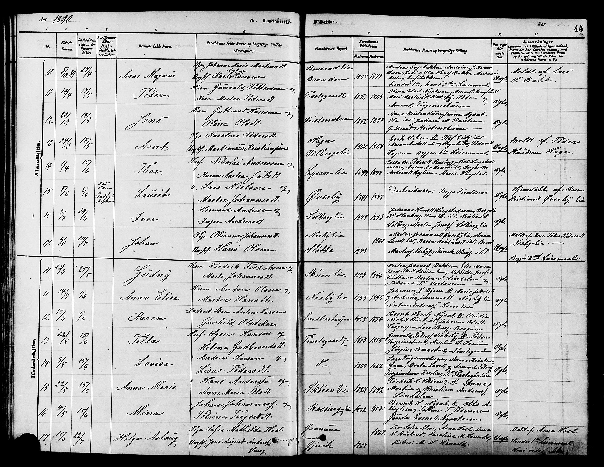 Søndre Land prestekontor, SAH/PREST-122/K/L0002: Parish register (official) no. 2, 1878-1894, p. 45