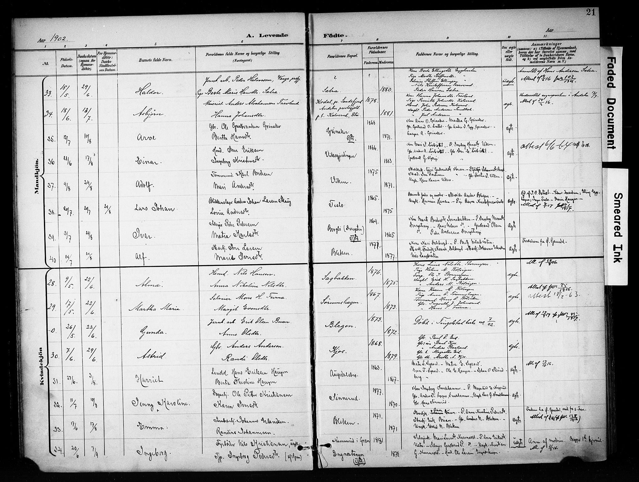 Brandbu prestekontor, AV/SAH-PREST-114/H/Ha/Haa/L0001: Parish register (official) no. 1, 1900-1912, p. 21