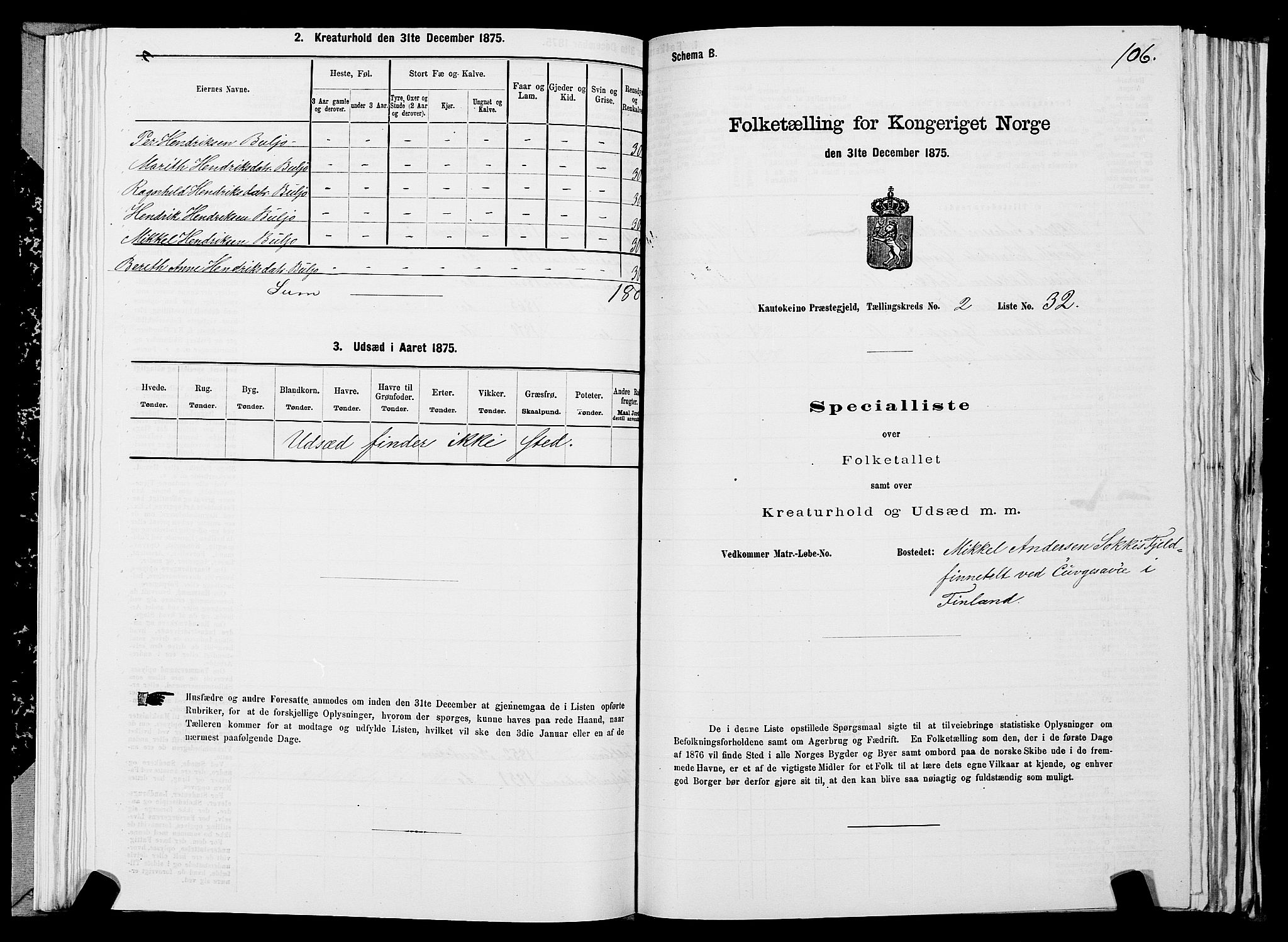 SATØ, 1875 census for 2011P Kautokeino, 1875, p. 1106