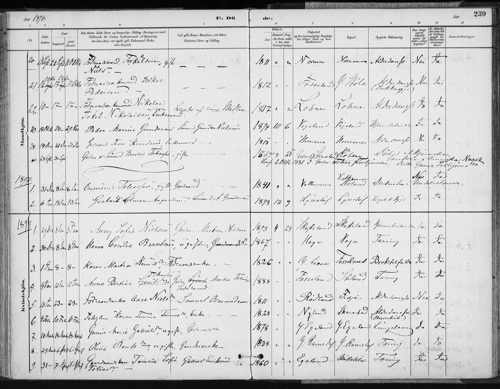 Sør-Audnedal sokneprestkontor, AV/SAK-1111-0039/F/Fa/Fab/L0010: Parish register (official) no. A 10, 1892-1913, p. 239