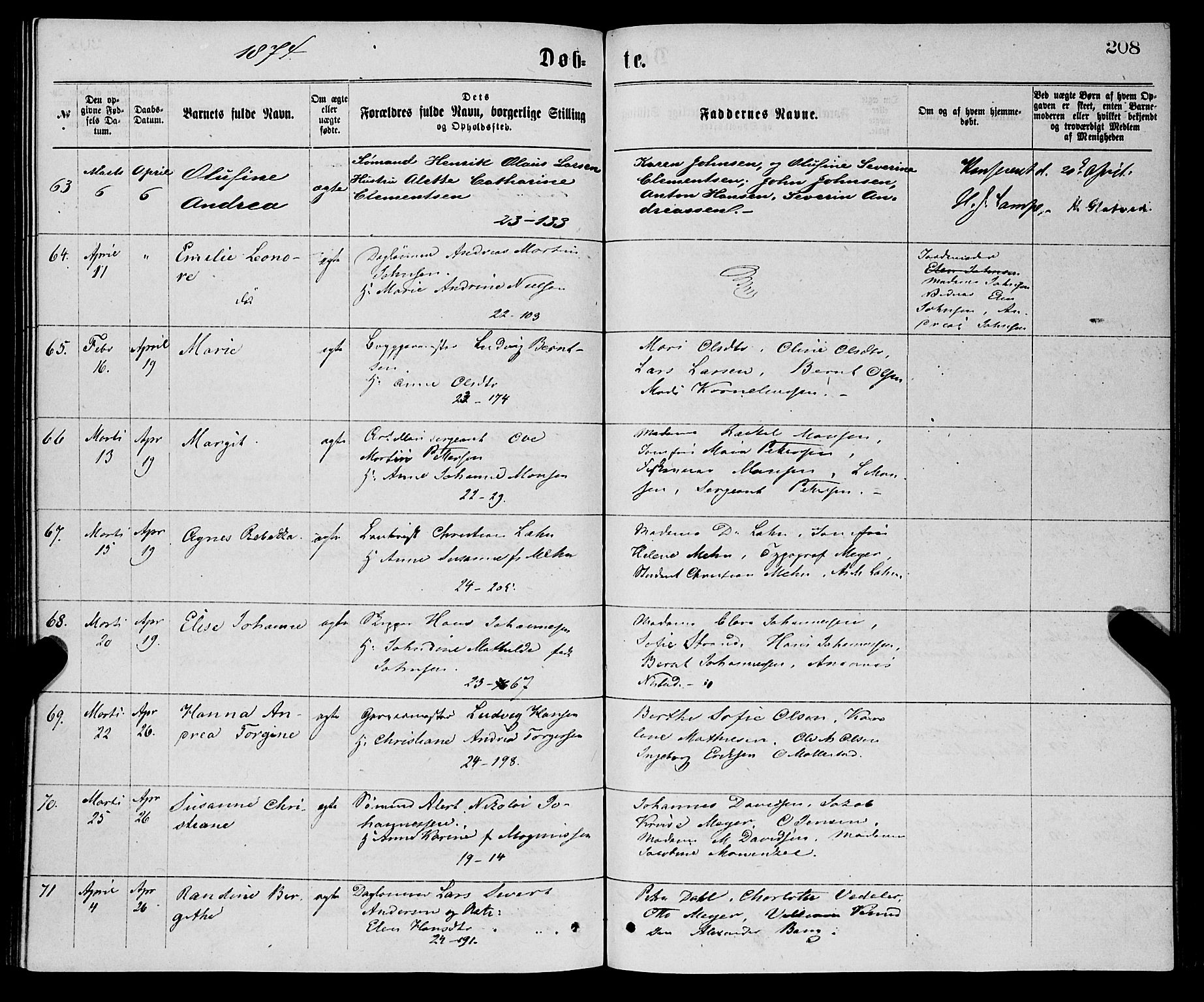 Korskirken sokneprestembete, AV/SAB-A-76101/H/Haa/L0020: Parish register (official) no. B 6, 1871-1878, p. 208