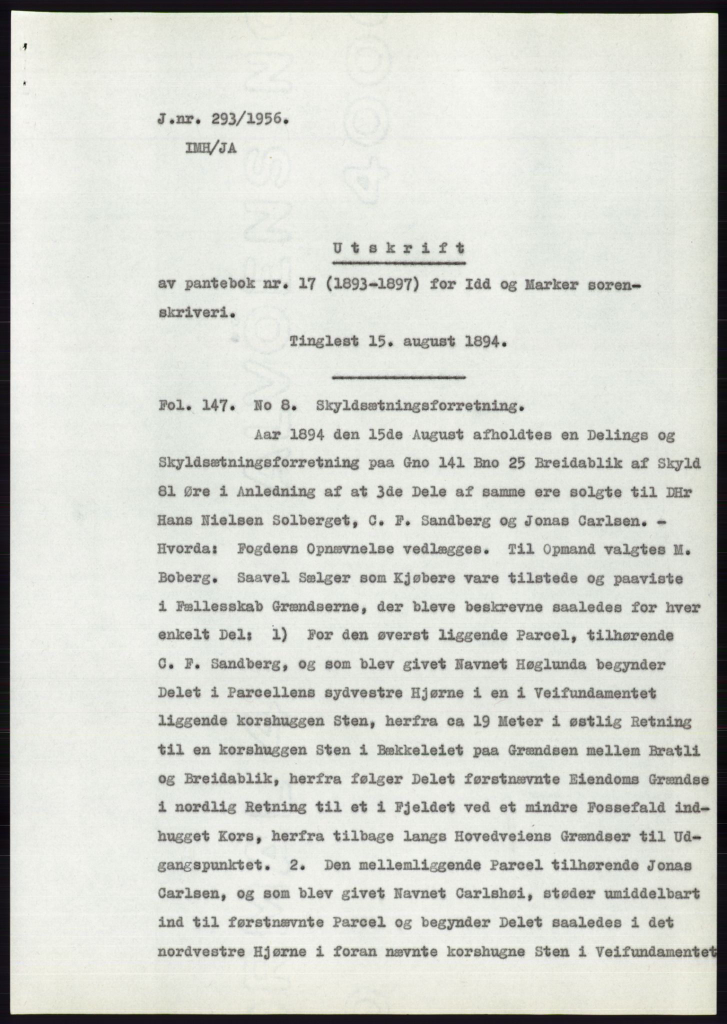Statsarkivet i Oslo, SAO/A-10621/Z/Zd/L0004: Avskrifter, j.nr 1-797/1956, 1956, p. 147