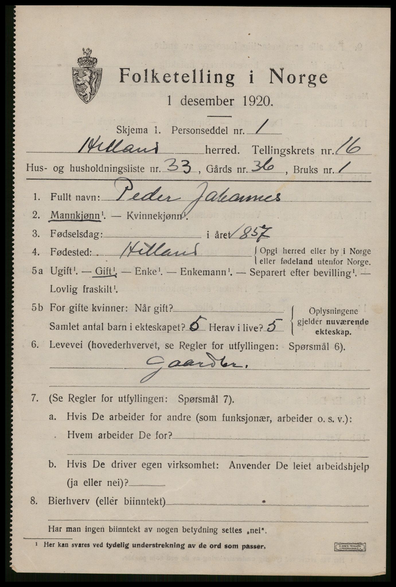 SAST, 1920 census for Hetland, 1920, p. 23499