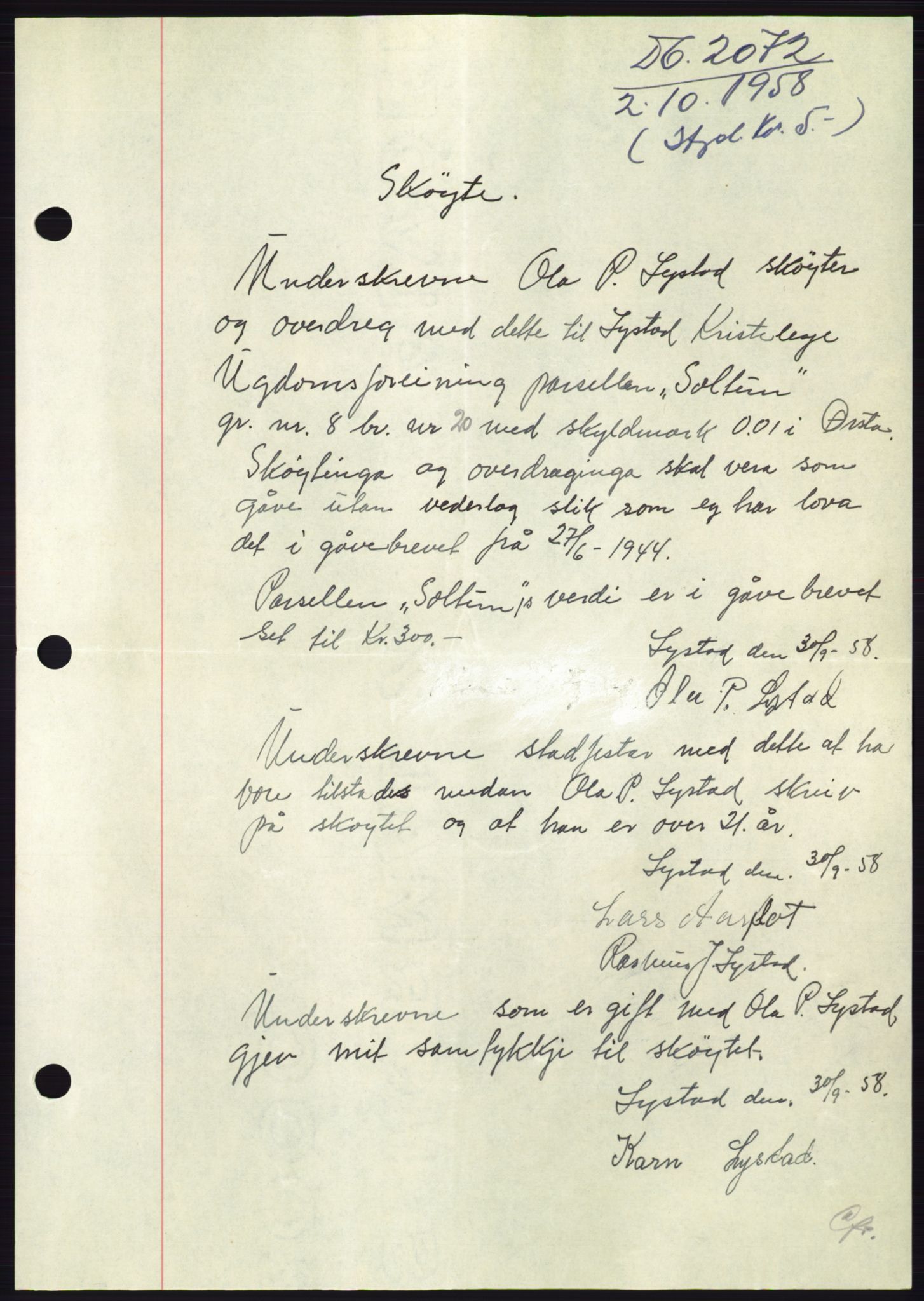Søre Sunnmøre sorenskriveri, AV/SAT-A-4122/1/2/2C/L0110: Mortgage book no. 36A, 1958-1958, Diary no: : 2072/1958