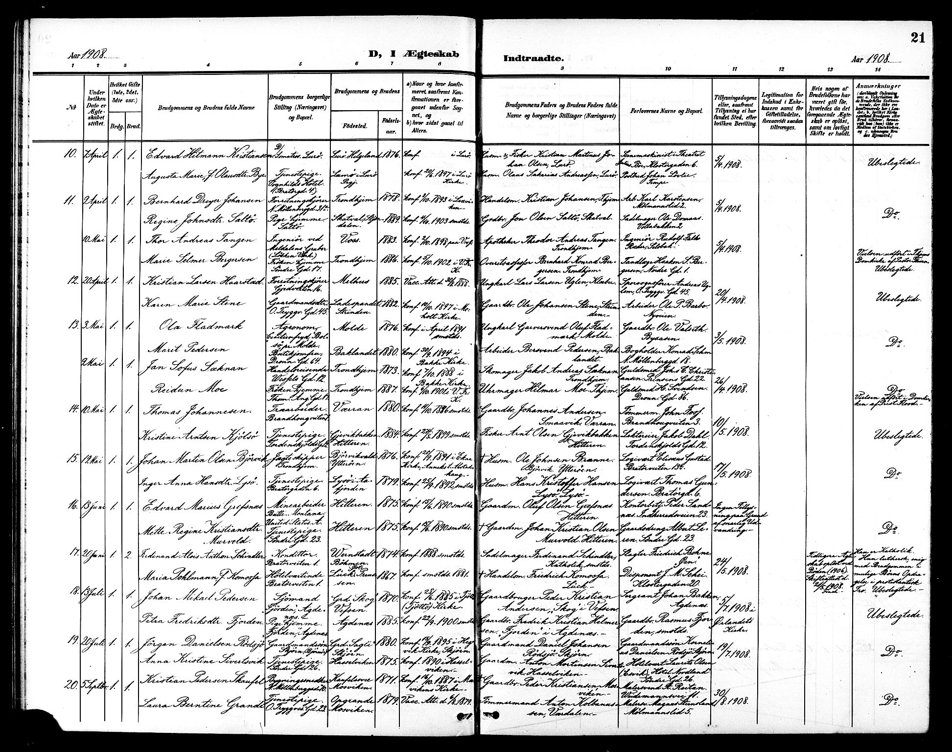Ministerialprotokoller, klokkerbøker og fødselsregistre - Sør-Trøndelag, SAT/A-1456/602/L0145: Parish register (copy) no. 602C13, 1902-1919, p. 21