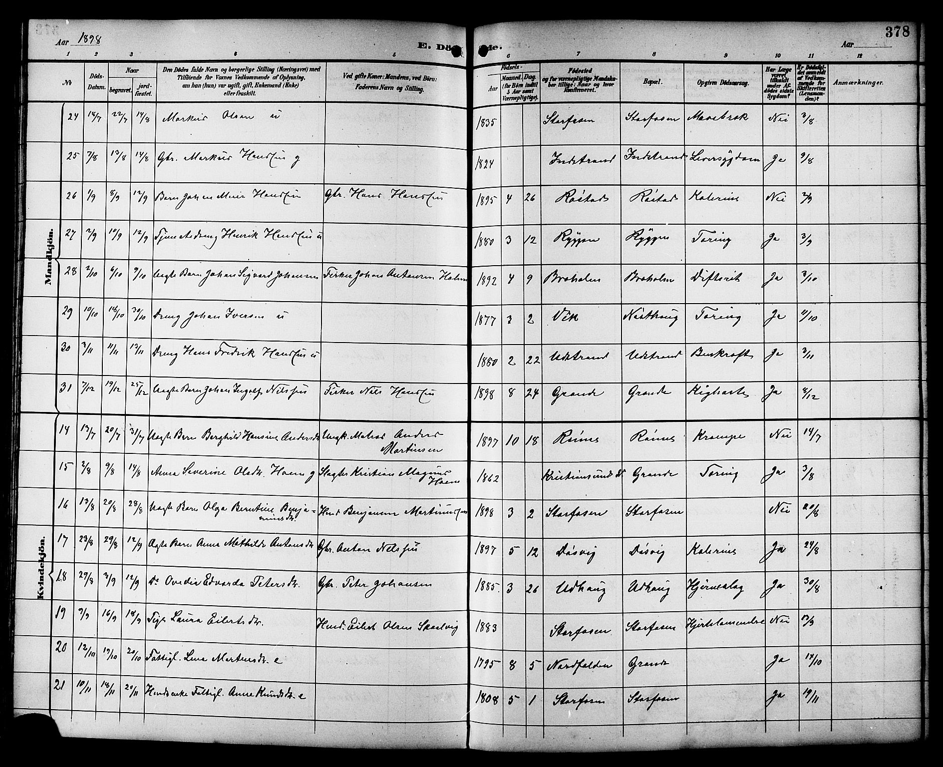 Ministerialprotokoller, klokkerbøker og fødselsregistre - Sør-Trøndelag, SAT/A-1456/659/L0746: Parish register (copy) no. 659C03, 1893-1912, p. 378