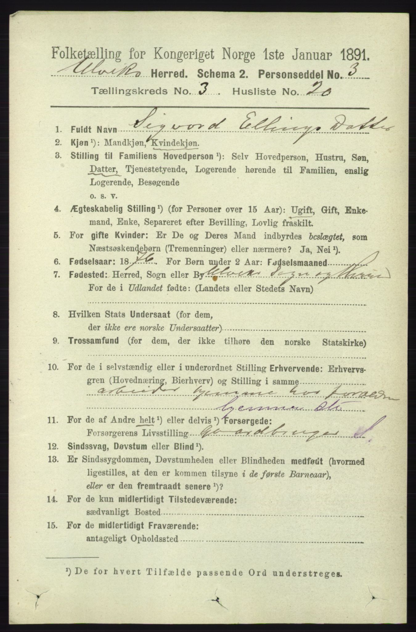 RA, 1891 census for 1233 Ulvik, 1891, p. 422