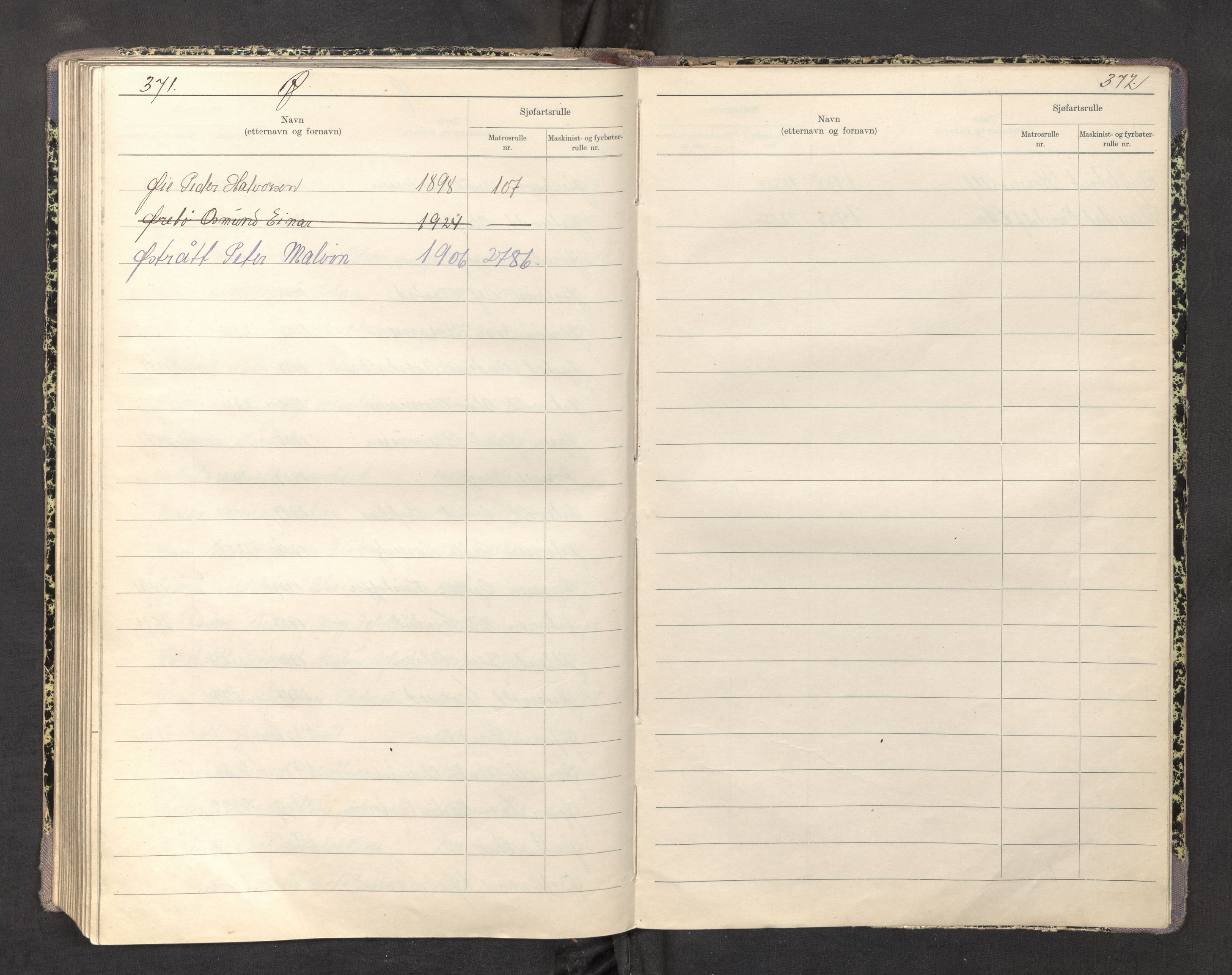 Innrulleringssjefen i Bergen, SAB/A-100050/F/Fa/L0004: Register til sjøfartsrulle, Mønstringssjefen i Bergen, 1919-1948, p. 371-372