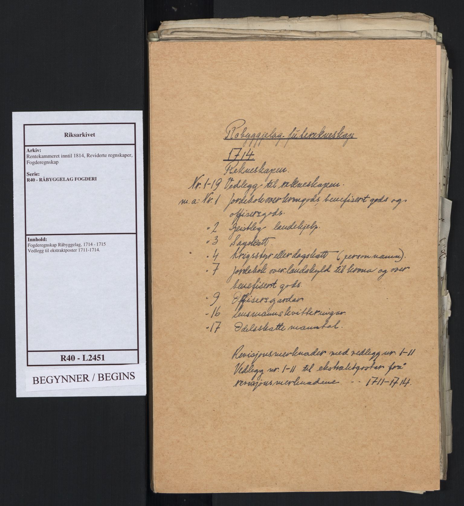 Rentekammeret inntil 1814, Reviderte regnskaper, Fogderegnskap, AV/RA-EA-4092/R40/L2451: Fogderegnskap Råbyggelag, 1714-1715, p. 2