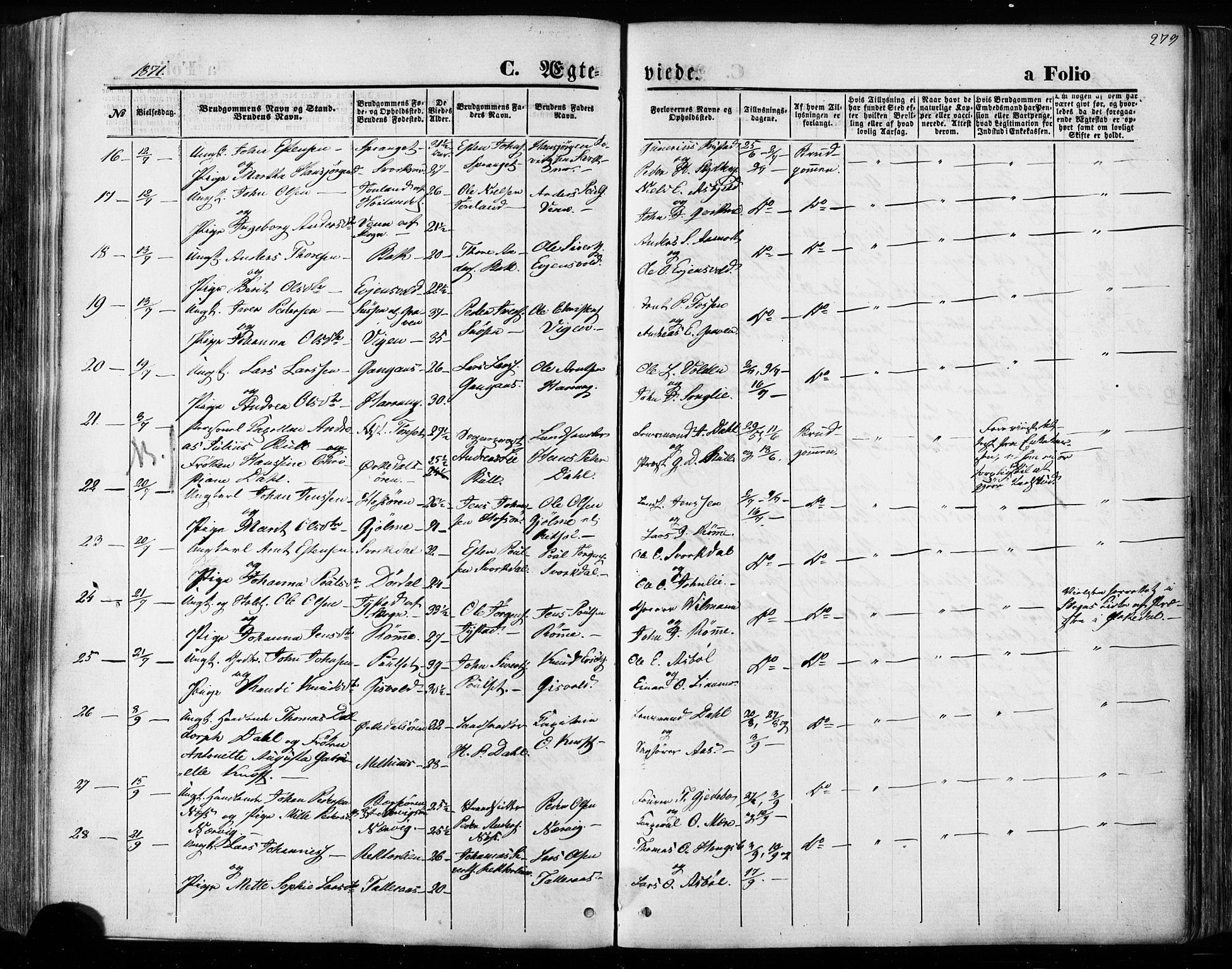 Ministerialprotokoller, klokkerbøker og fødselsregistre - Sør-Trøndelag, AV/SAT-A-1456/668/L0807: Parish register (official) no. 668A07, 1870-1880, p. 279