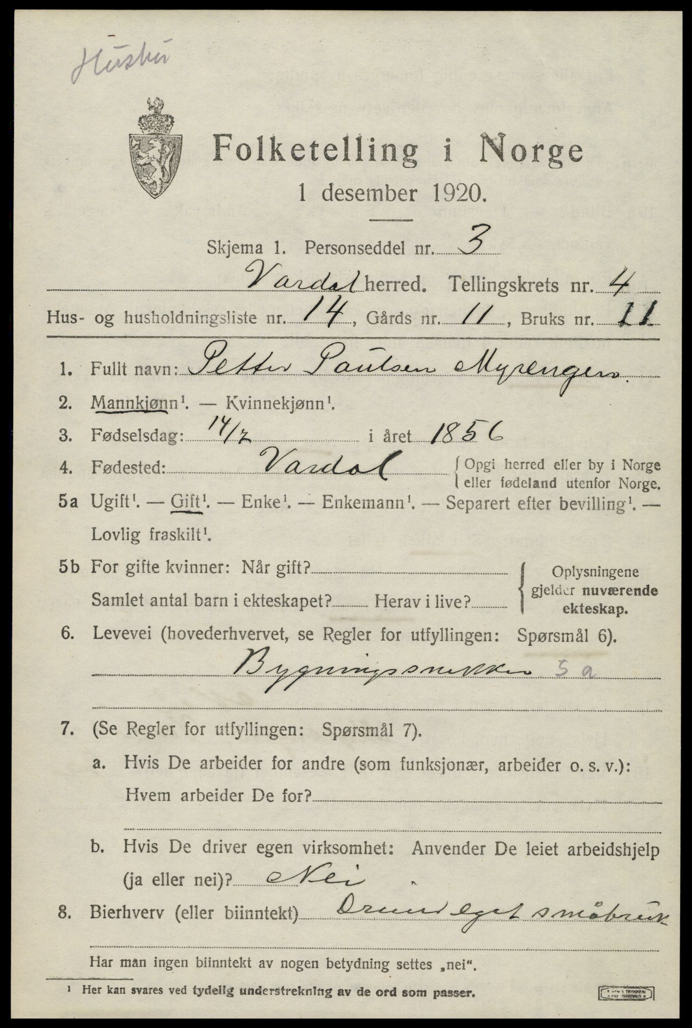 SAH, 1920 census for Vardal, 1920, p. 2987