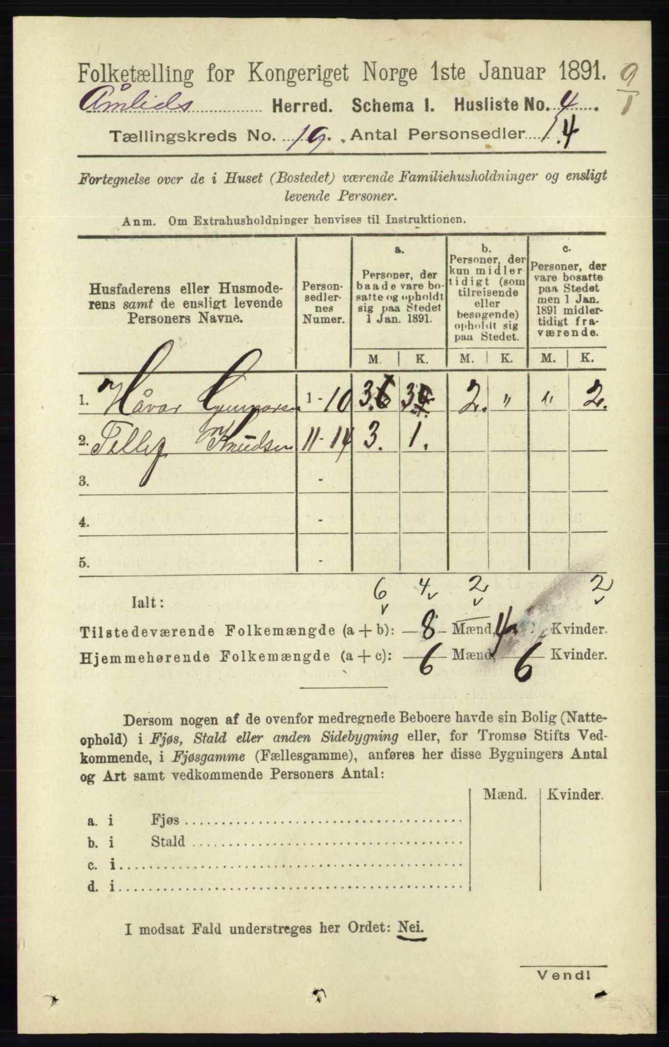 RA, 1891 census for 0929 Åmli, 1891, p. 3130