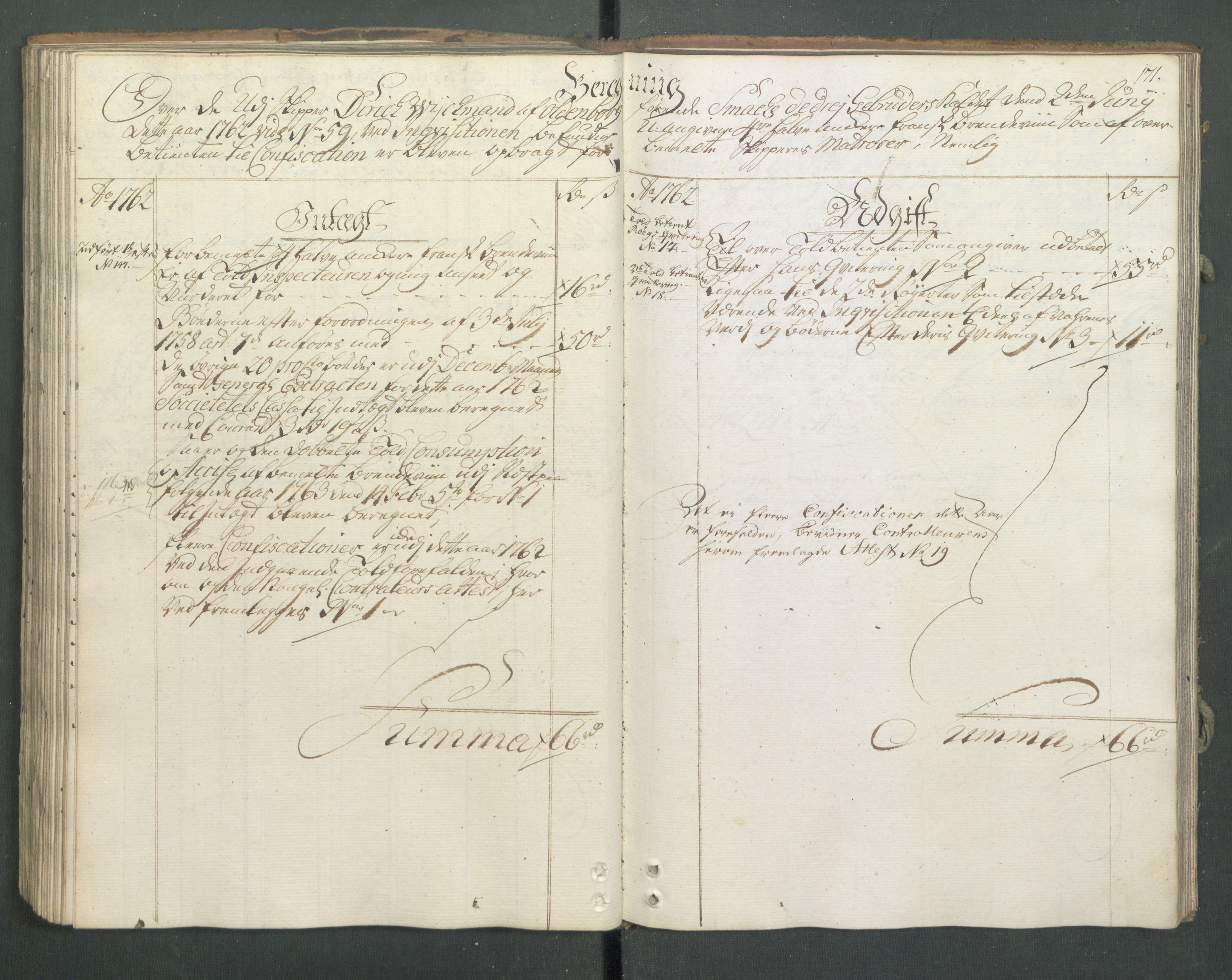 Generaltollkammeret, tollregnskaper, AV/RA-EA-5490/R13/L0032/0001: Tollregnskaper Kragerø / Inngående hovedtollbok, 1762, p. 170b-171a