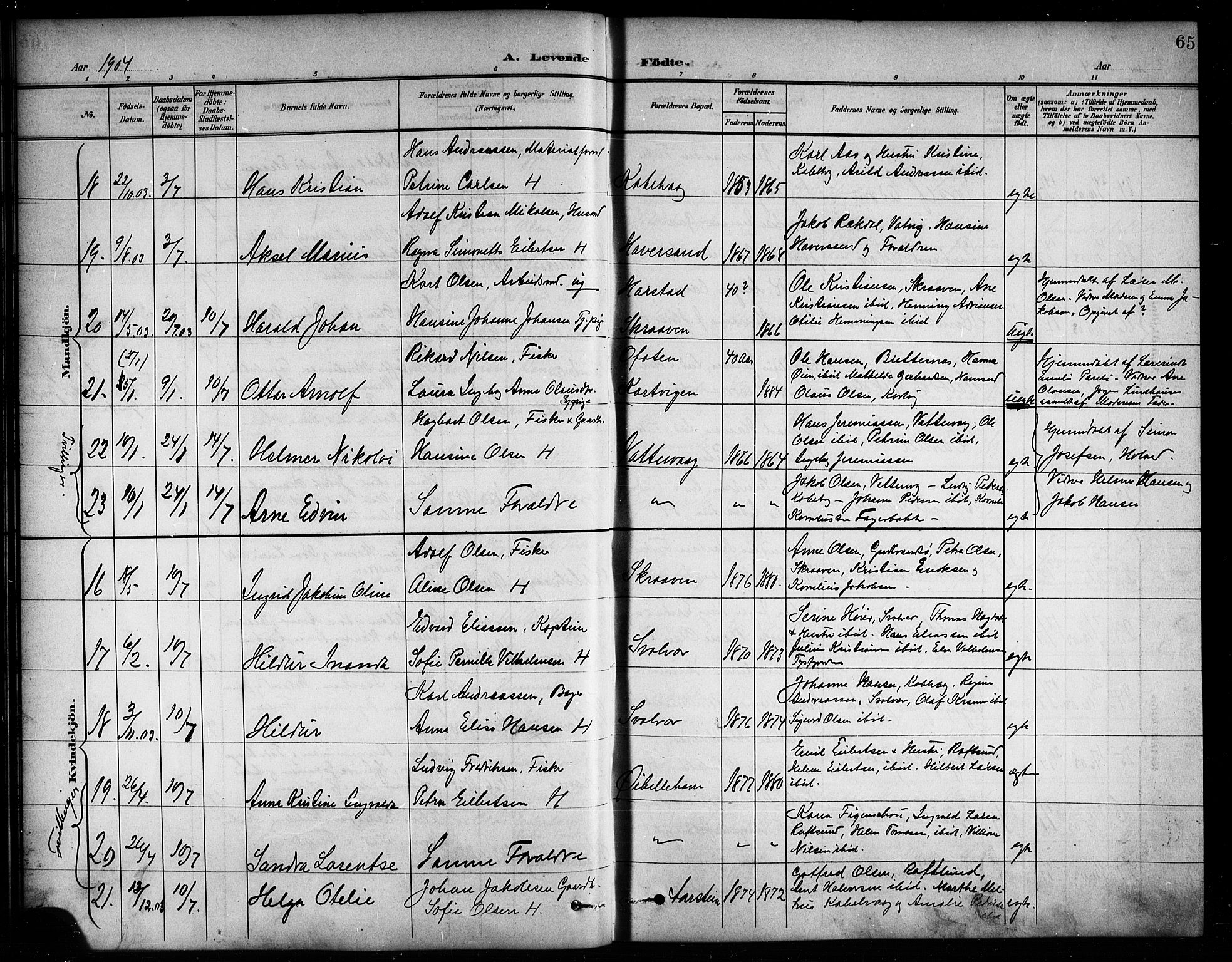 Ministerialprotokoller, klokkerbøker og fødselsregistre - Nordland, SAT/A-1459/874/L1078: Parish register (copy) no. 874C07, 1900-1907, p. 65