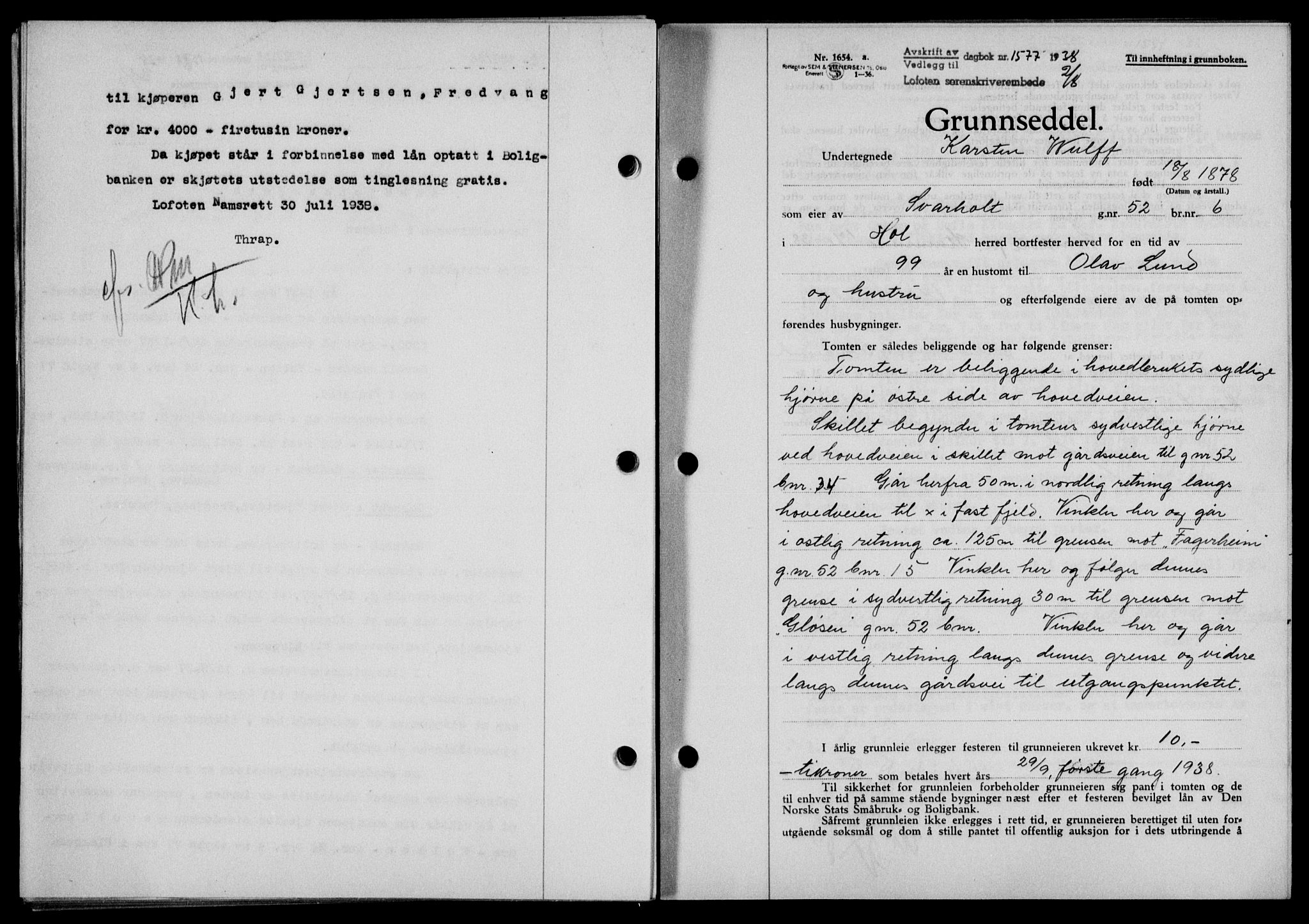 Lofoten sorenskriveri, SAT/A-0017/1/2/2C/L0004a: Mortgage book no. 4a, 1938-1938, Diary no: : 1577/1938