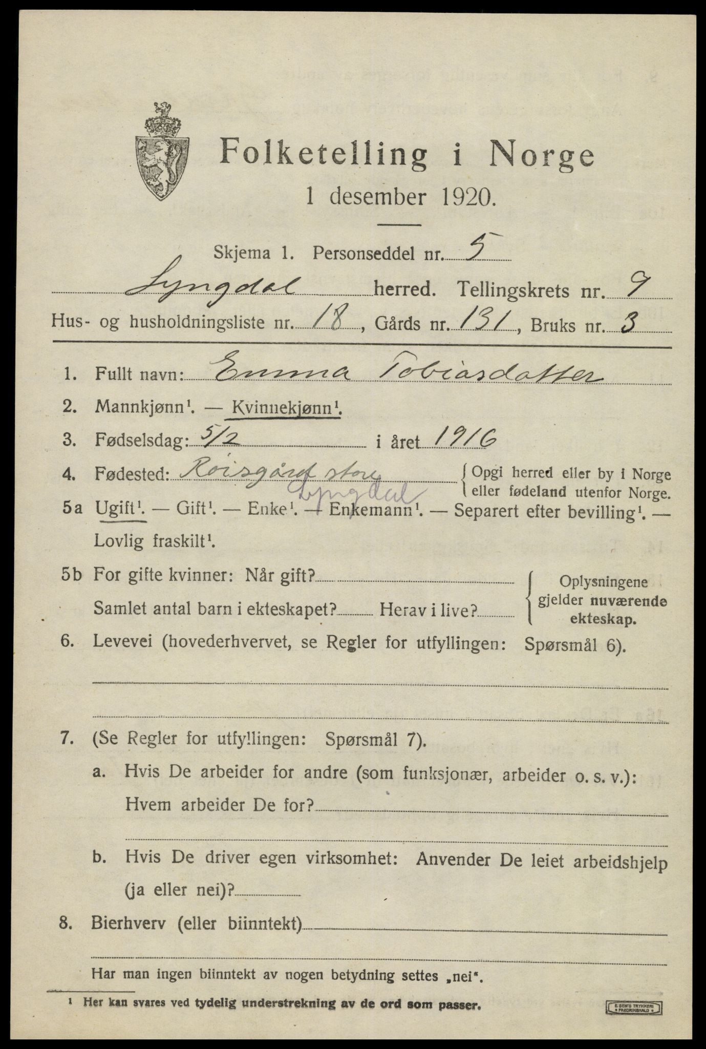 SAK, 1920 census for Lyngdal, 1920, p. 4799