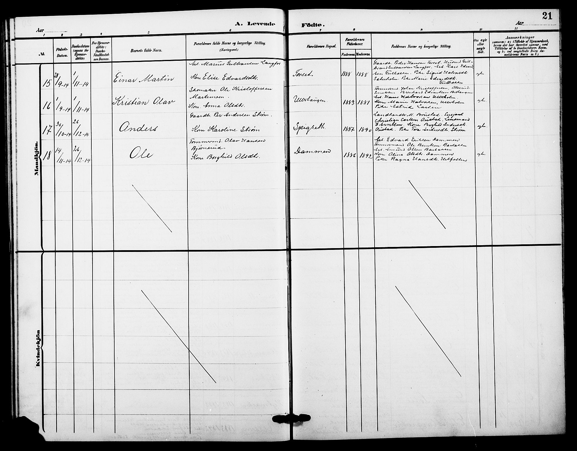 Sør-Odal prestekontor, AV/SAH-PREST-030/H/Ha/Hab/L0007: Parish register (copy) no. 7, 1907-1915, p. 21