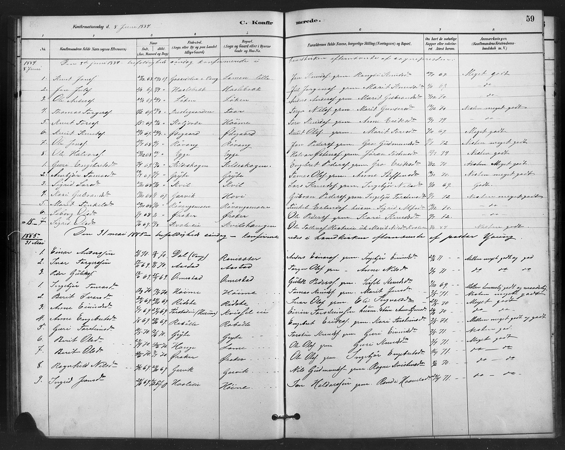 Vestre Slidre prestekontor, SAH/PREST-136/H/Ha/Hab/L0006: Parish register (copy) no. 6, 1881-1915, p. 59