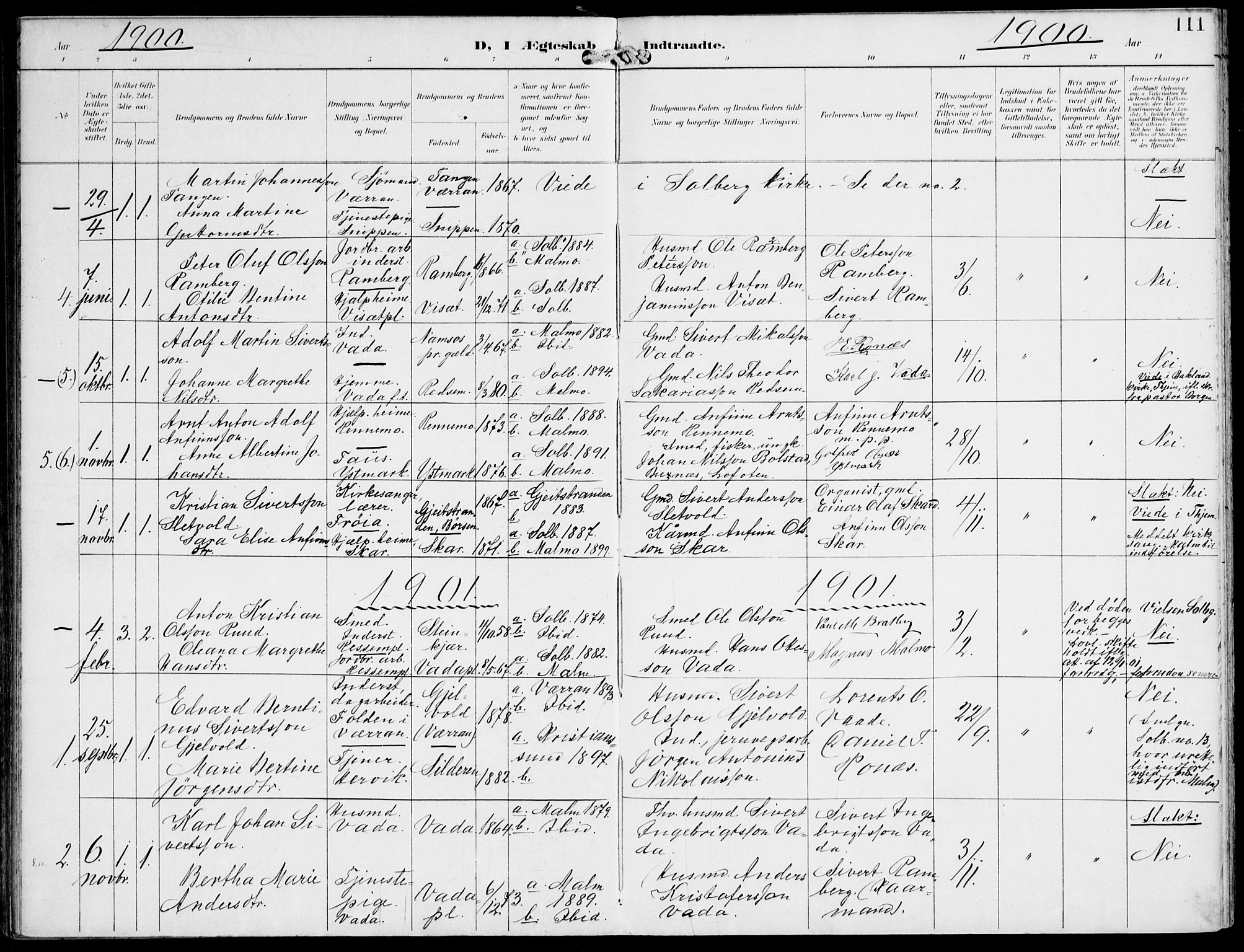 Ministerialprotokoller, klokkerbøker og fødselsregistre - Nord-Trøndelag, AV/SAT-A-1458/745/L0430: Parish register (official) no. 745A02, 1895-1913, p. 111