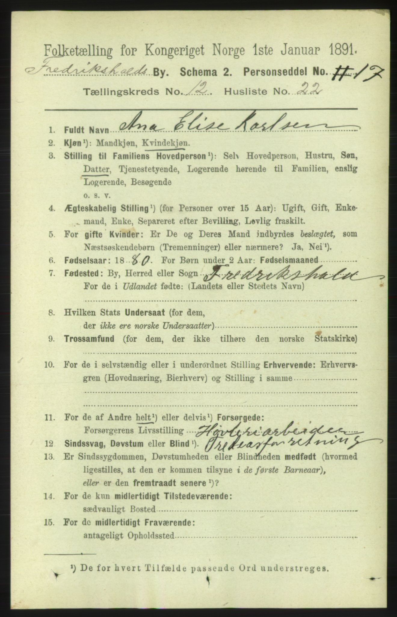 RA, 1891 census for 0101 Fredrikshald, 1891, p. 8552