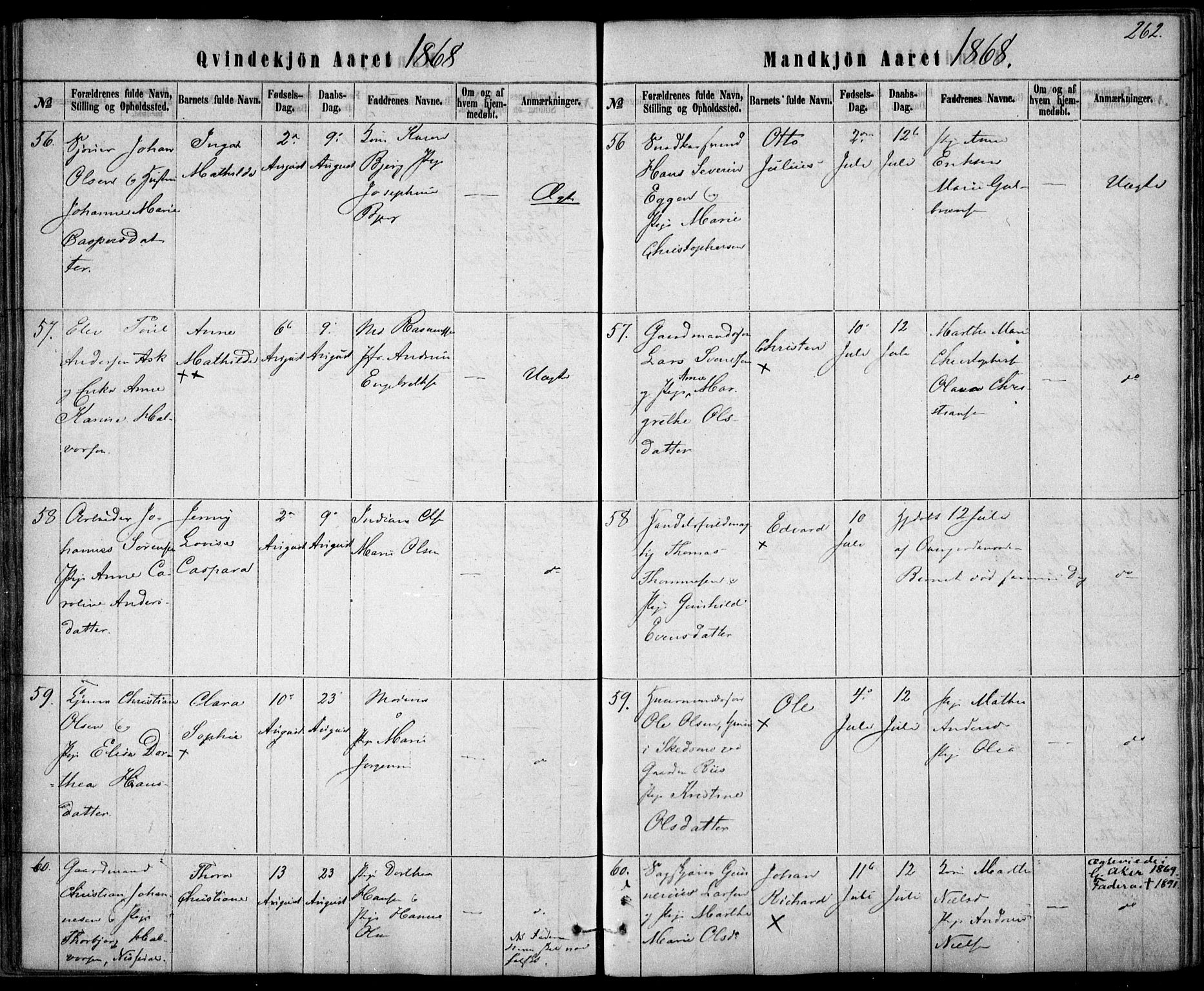 Rikshospitalet prestekontor Kirkebøker, AV/SAO-A-10309b/F/L0004: Parish register (official) no. 4, 1853-1870, p. 262