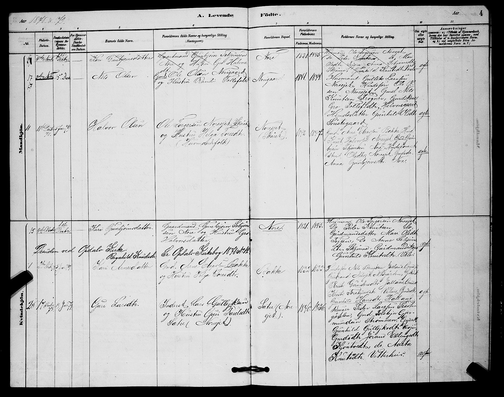 Nore kirkebøker, AV/SAKO-A-238/G/Ga/L0002: Parish register (copy) no. I 2, 1878-1885, p. 4